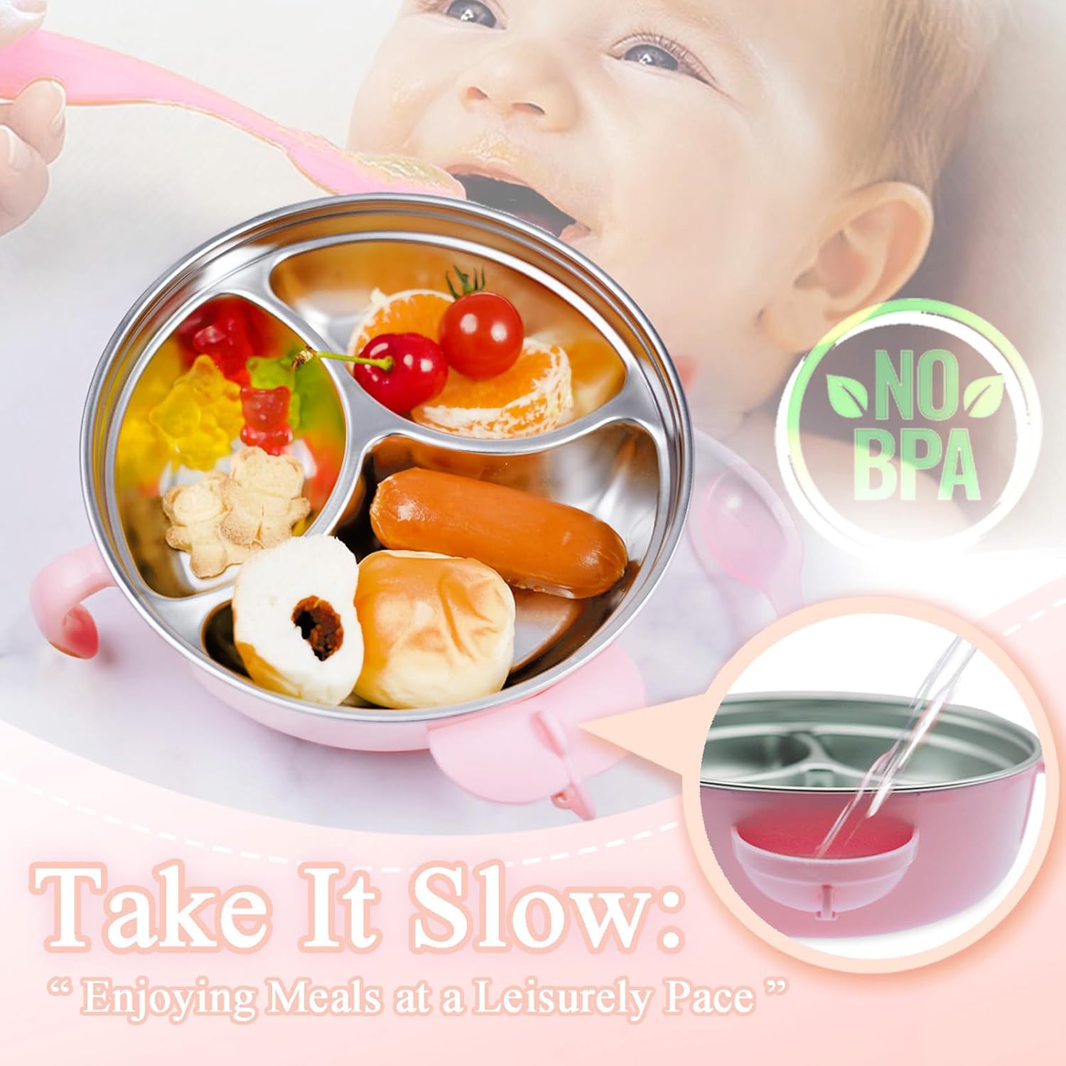 Qianliyer Cartoon Stainless Steel Baby Feeding Set Pink 1