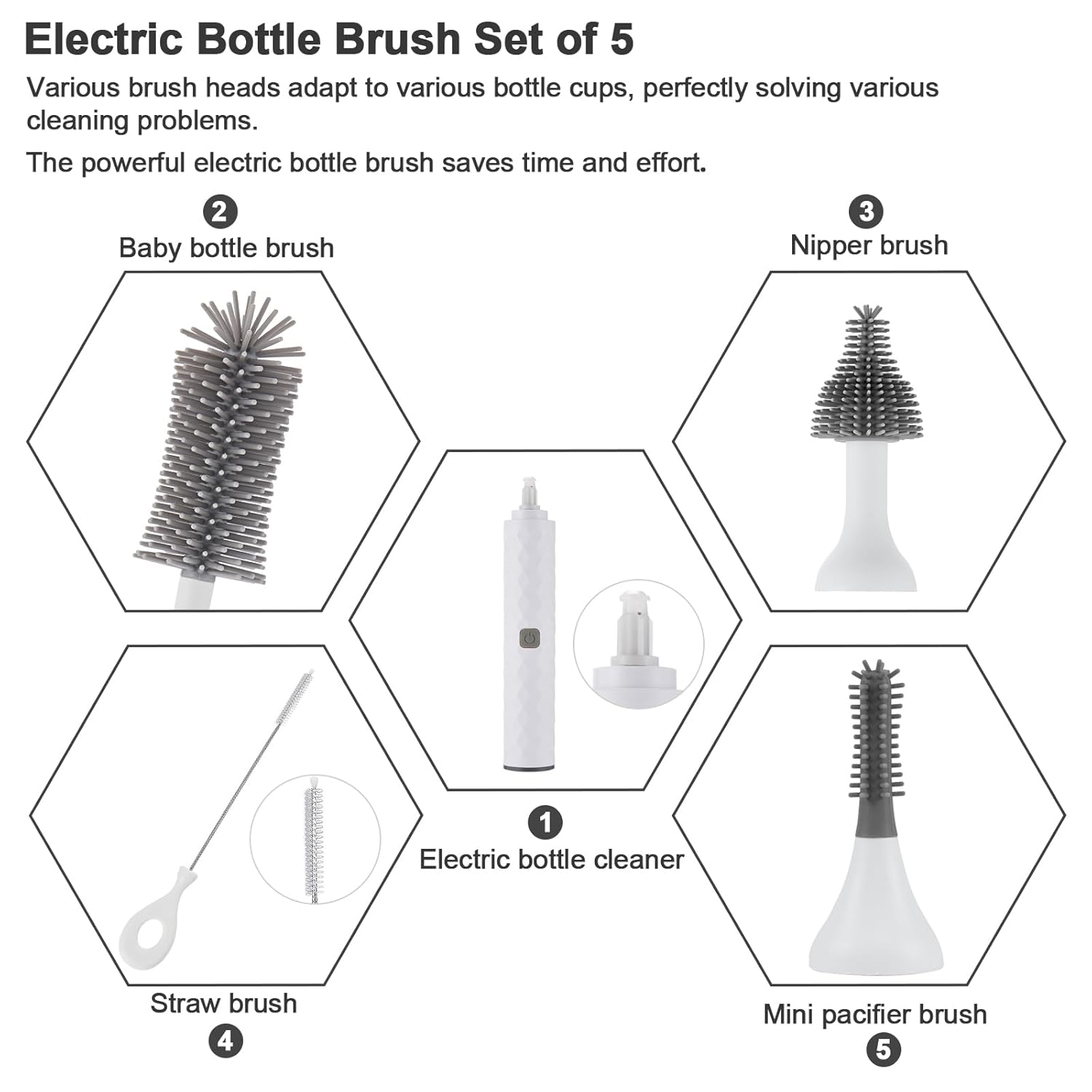 WHNL Electric Bottle Brush Set with Drying Mat and Storage Box White