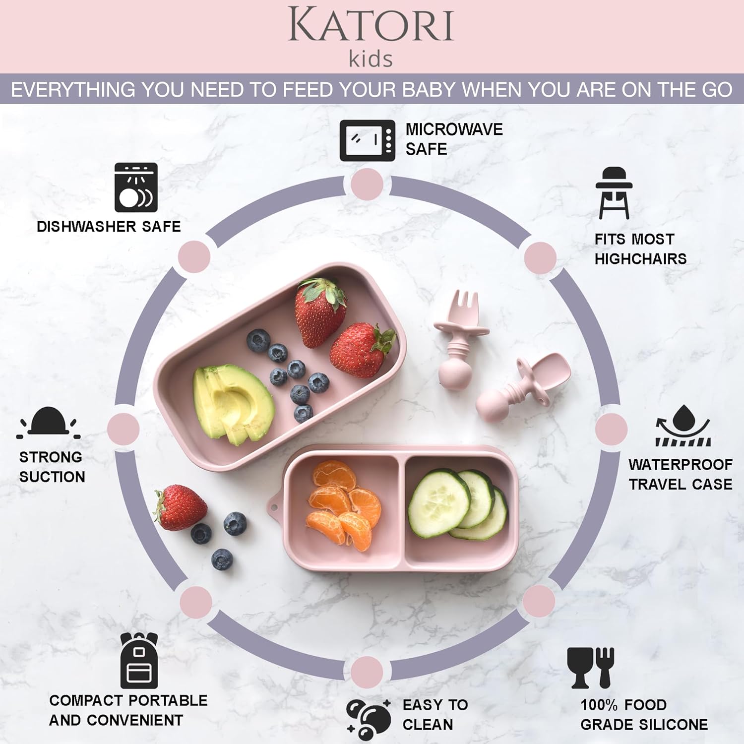 KATORI Kids Suction Plate Set 5PC Travel Baby Plates with Bag