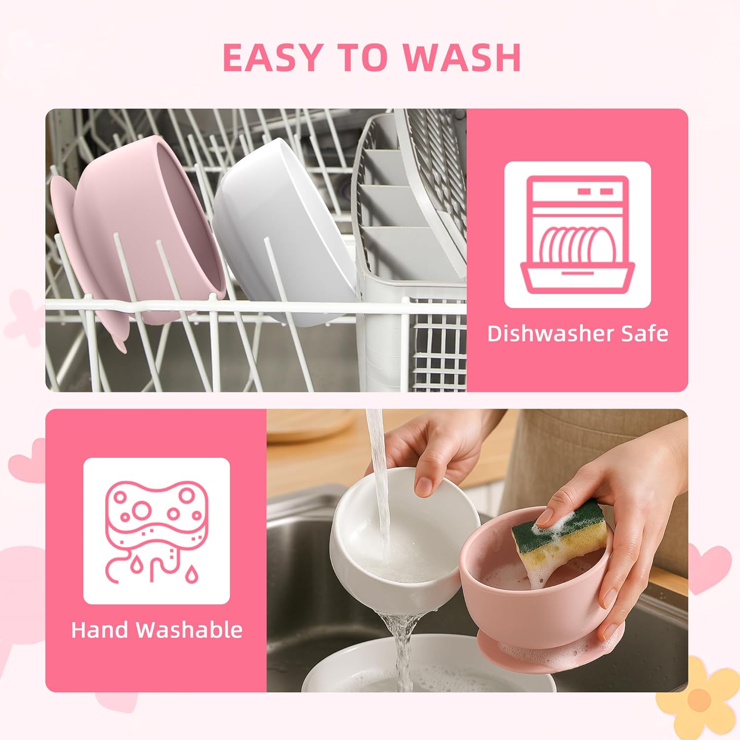 KingKam 2-Pack Porcelain Bowls with Silicone Suction Sleeve - PinkPurple