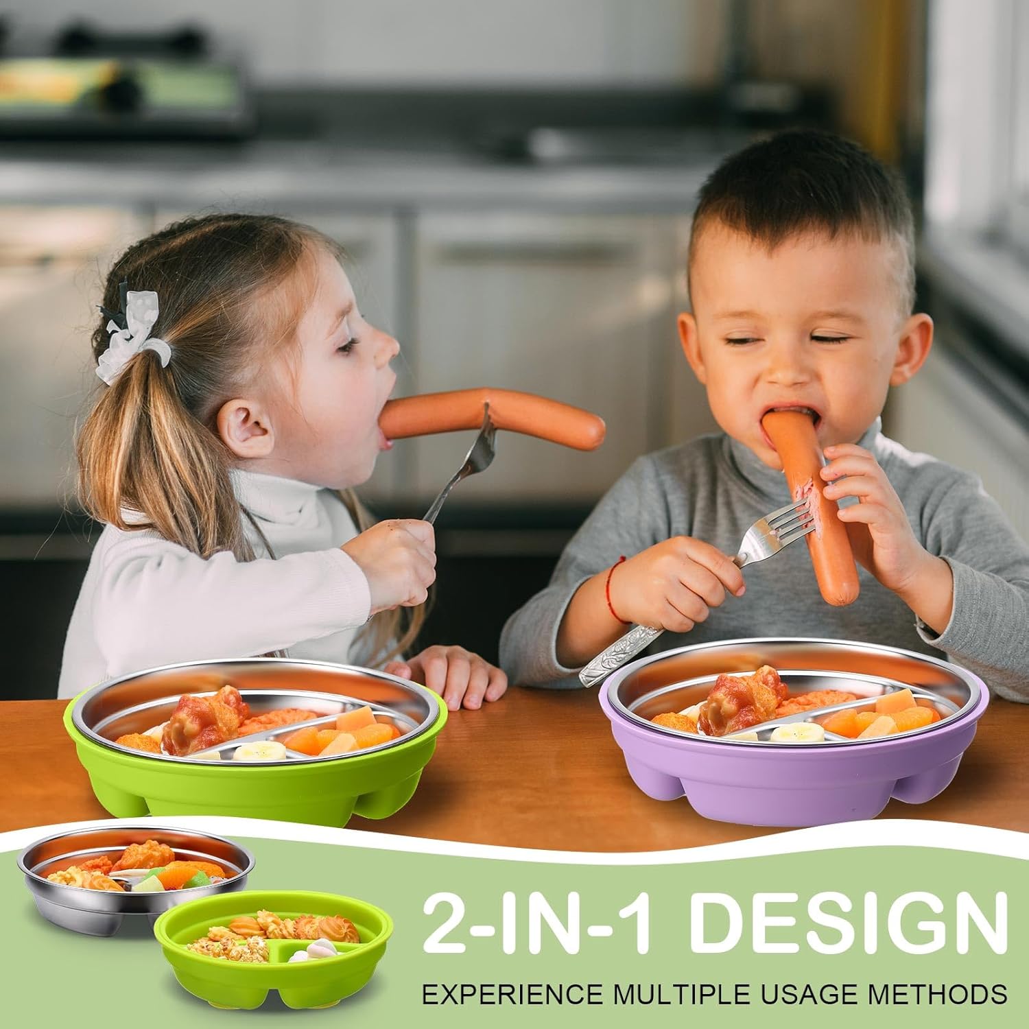 Nuogo 2 Pcs Stainless Steel Baby Plates with Suction and Silicone Shell 1