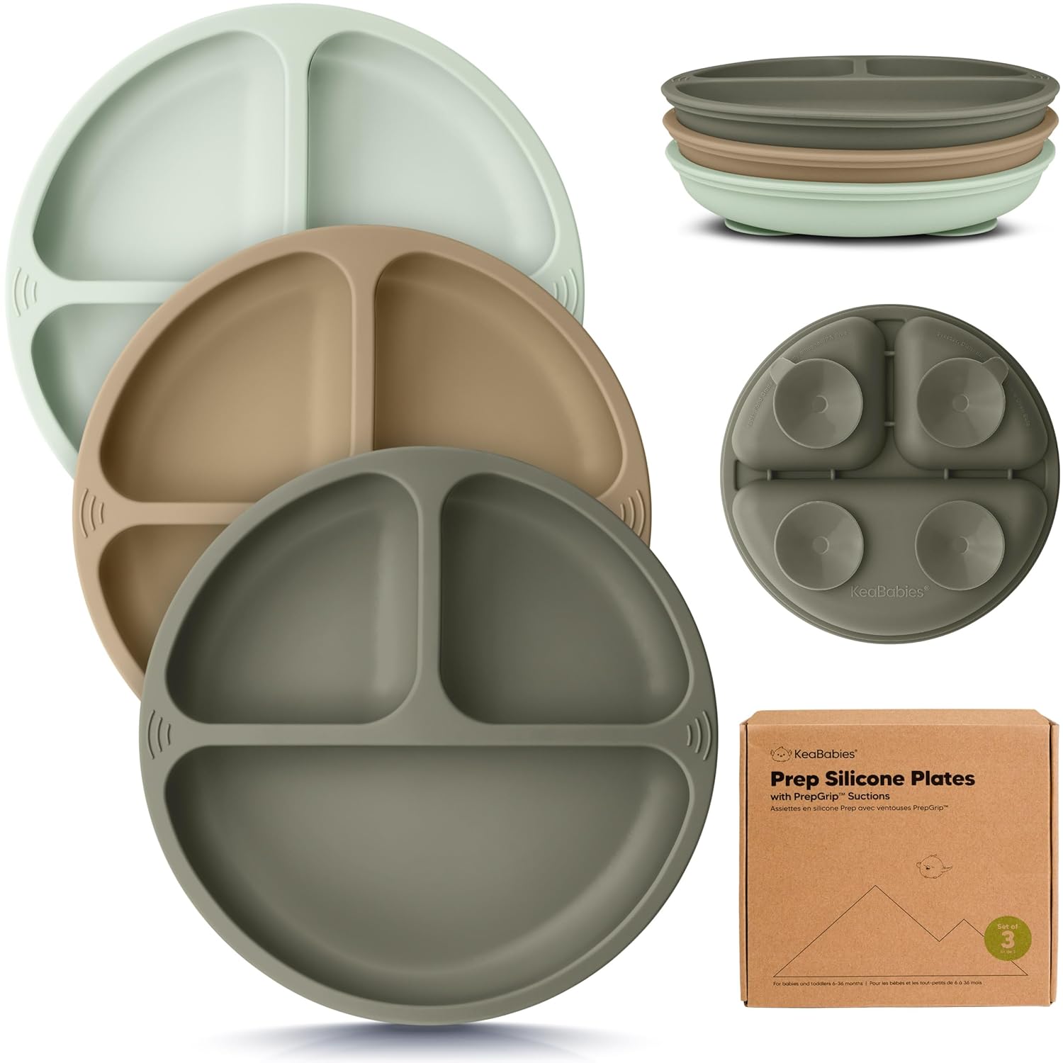 KeaBabies Suction Plates - 3-Pack BPA-Free Toddler Plates with Strong Grip