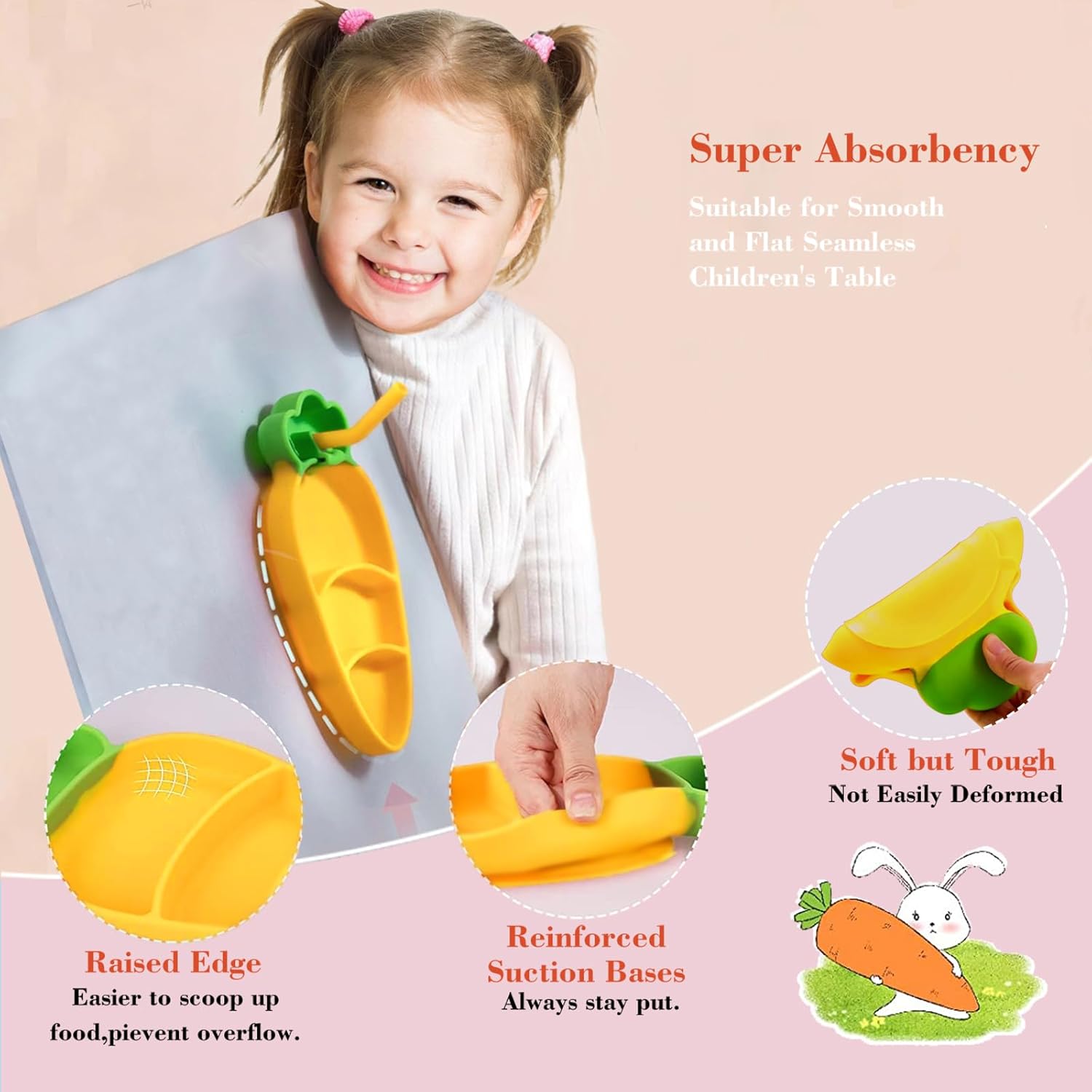 Suction Plates for Babies Toddlers BPA Free Microwave Safe Cute Carrot Design