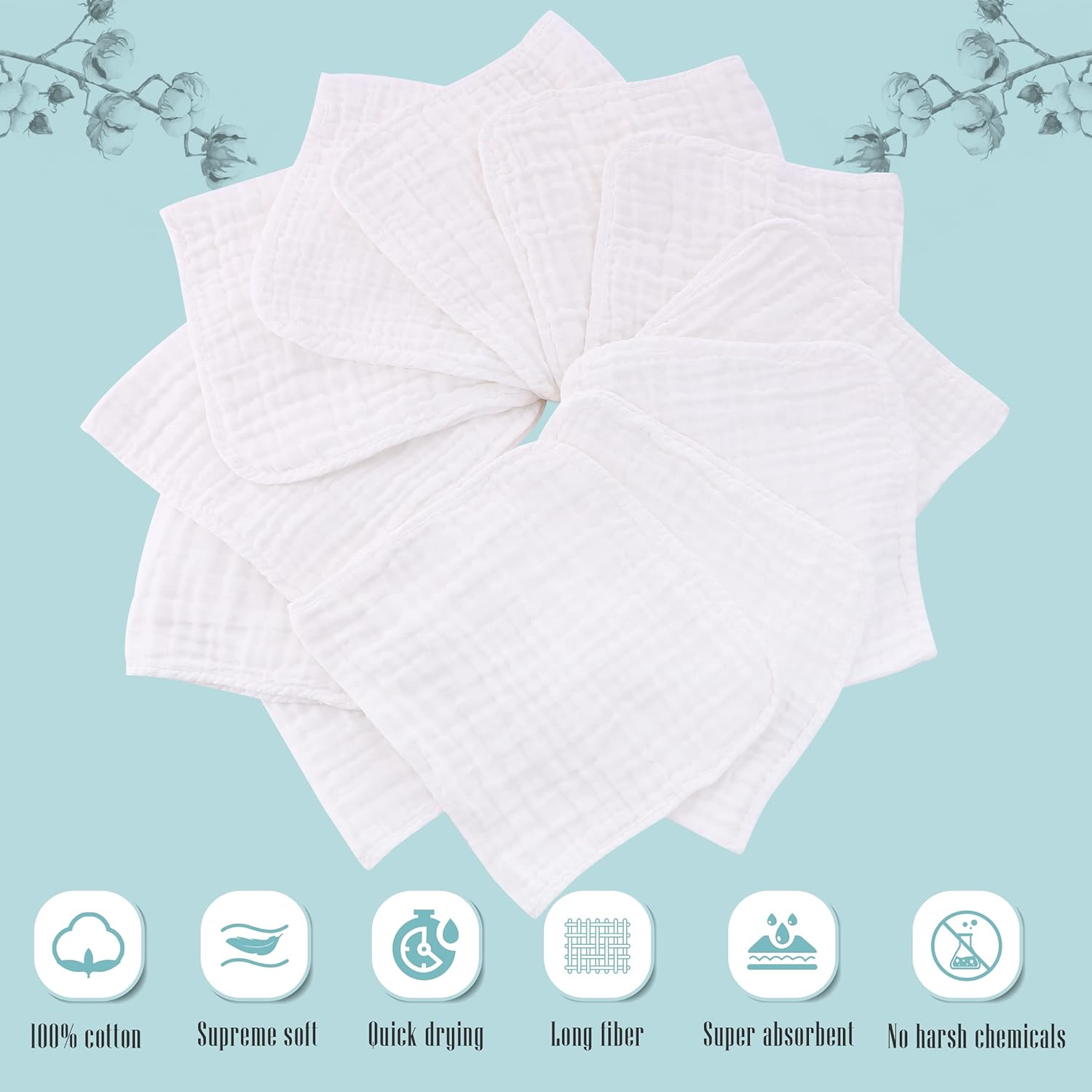 Cute Castle 12 Pack Muslin Burp Cloths - 20x10 White