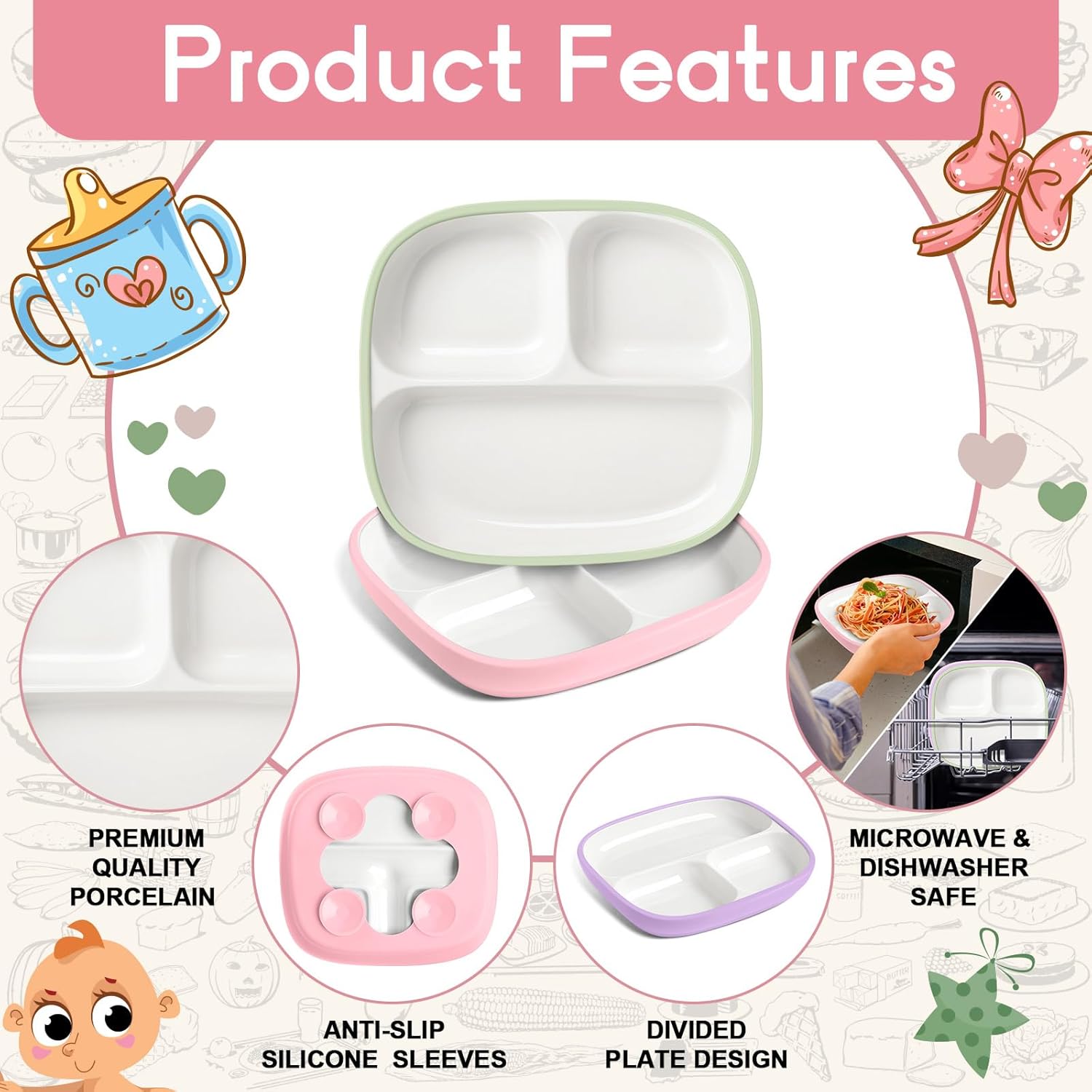 Domensi 3-Piece Suction Porcelain Plates for Kids