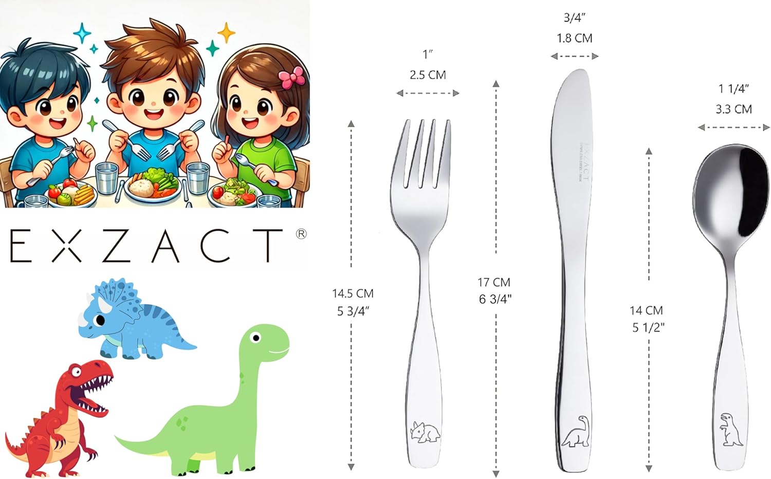 Exzact Kids Flatware Set 12pcs with Dinosaurs