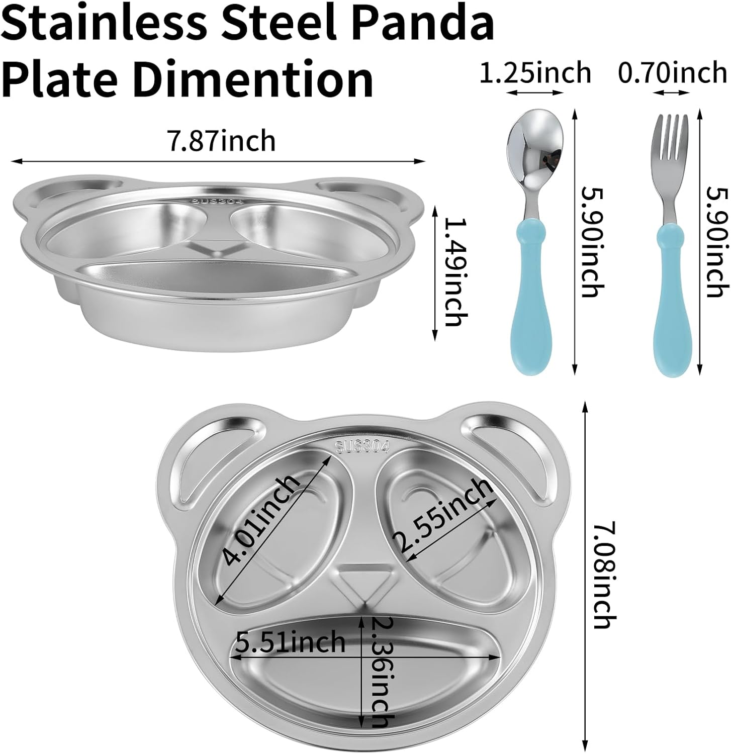 YLARMY Set of 4 Stainless Steel Divided Plates and Utensils for Kids