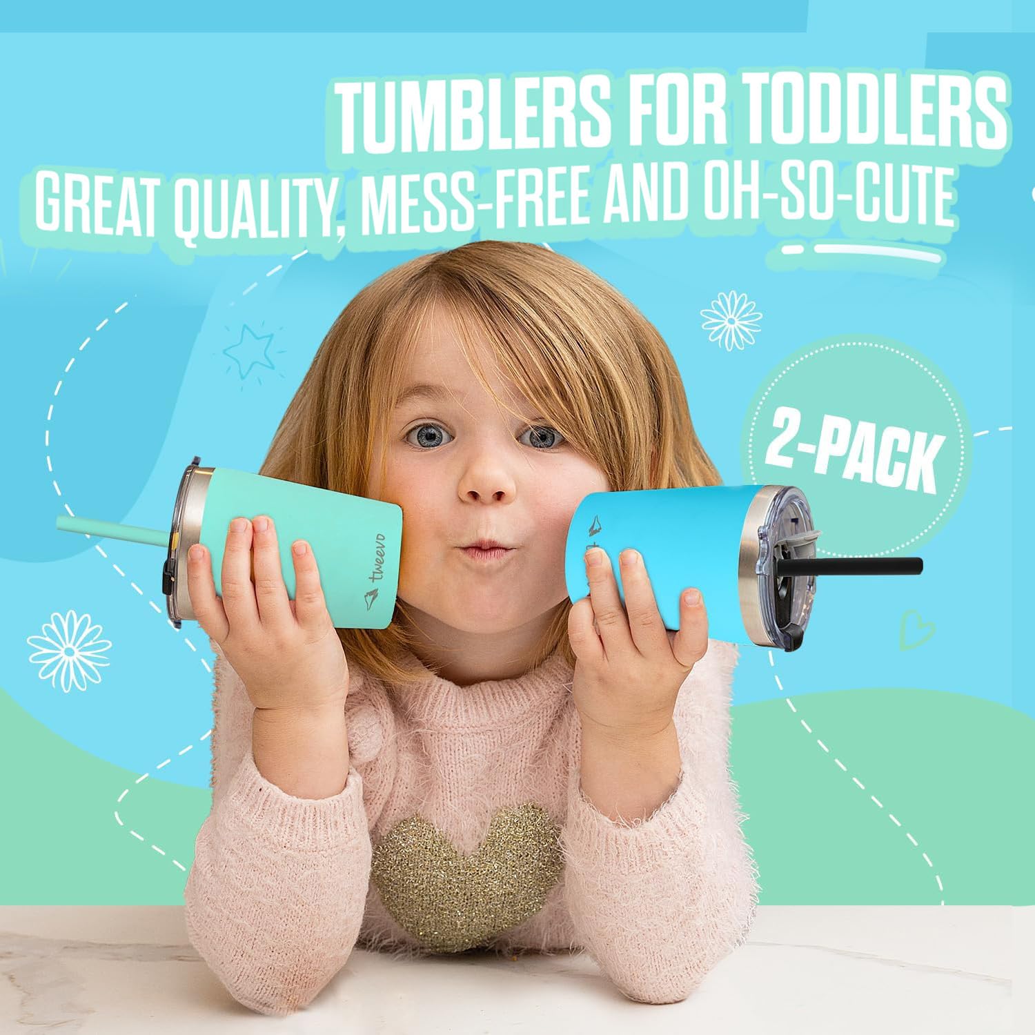 Tweevo Toddler Sippy Cups 2 Pack - Stainless Steel with Straws and Screw Lids