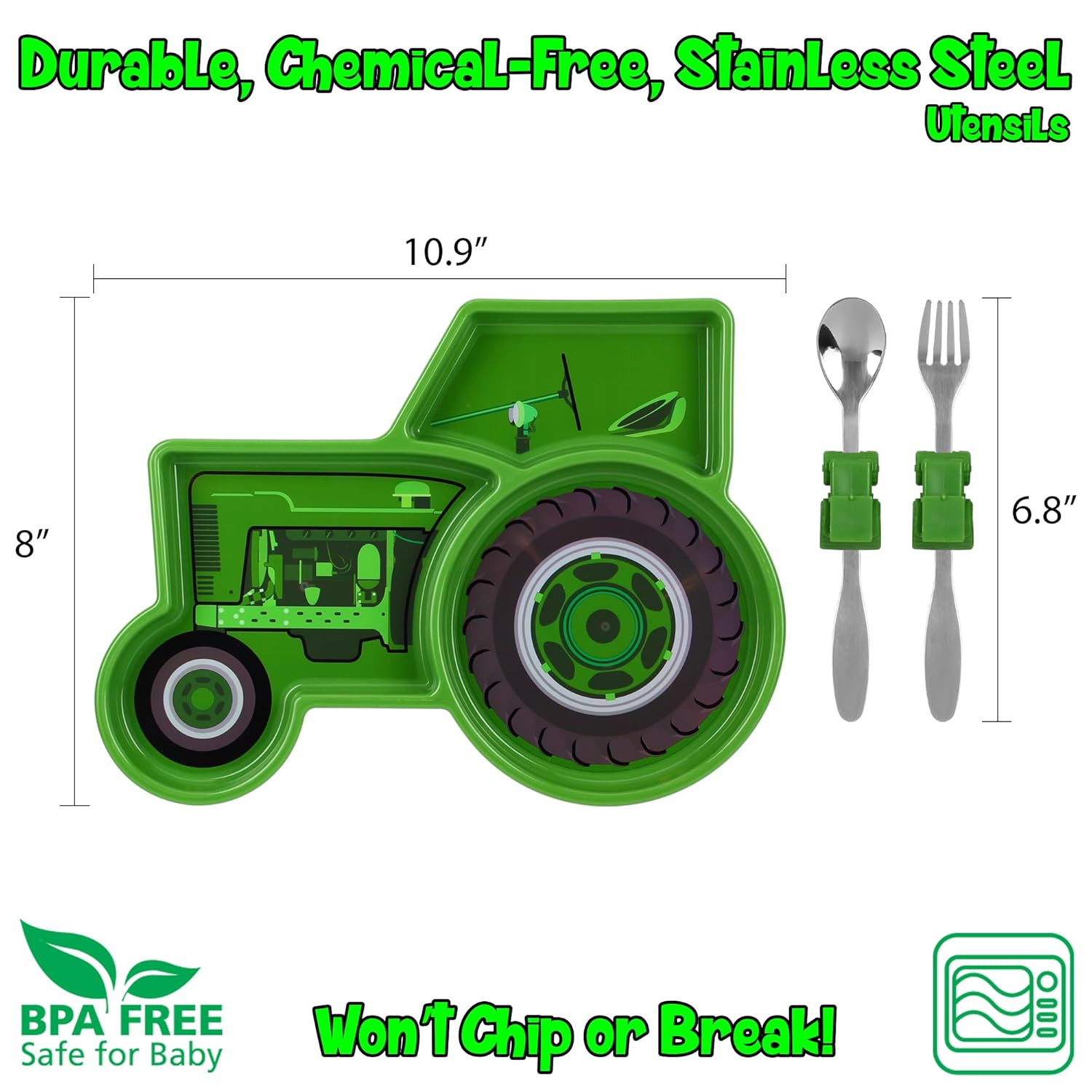 KidsFunwares Green Tractor Dinnerware Set for Toddlers