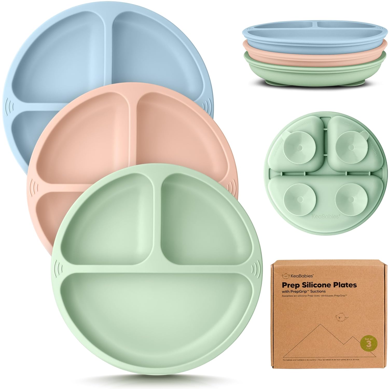 KeaBabies Suction Plates - 3-Pack BPA-Free Silicone Toddler Plates with PrepGrip Technology