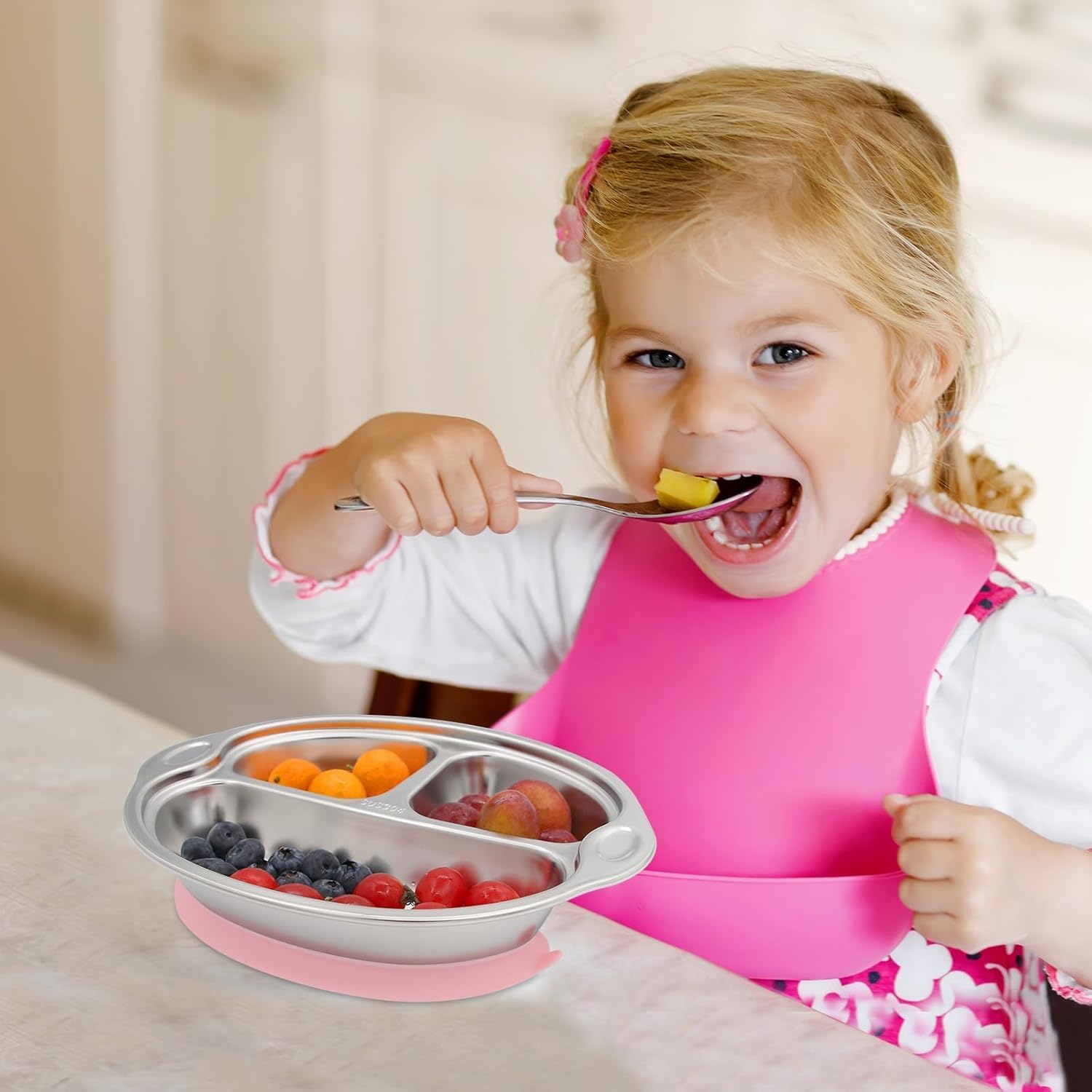 Mrs Chou Pink Stainless Steel Baby Suction Plates