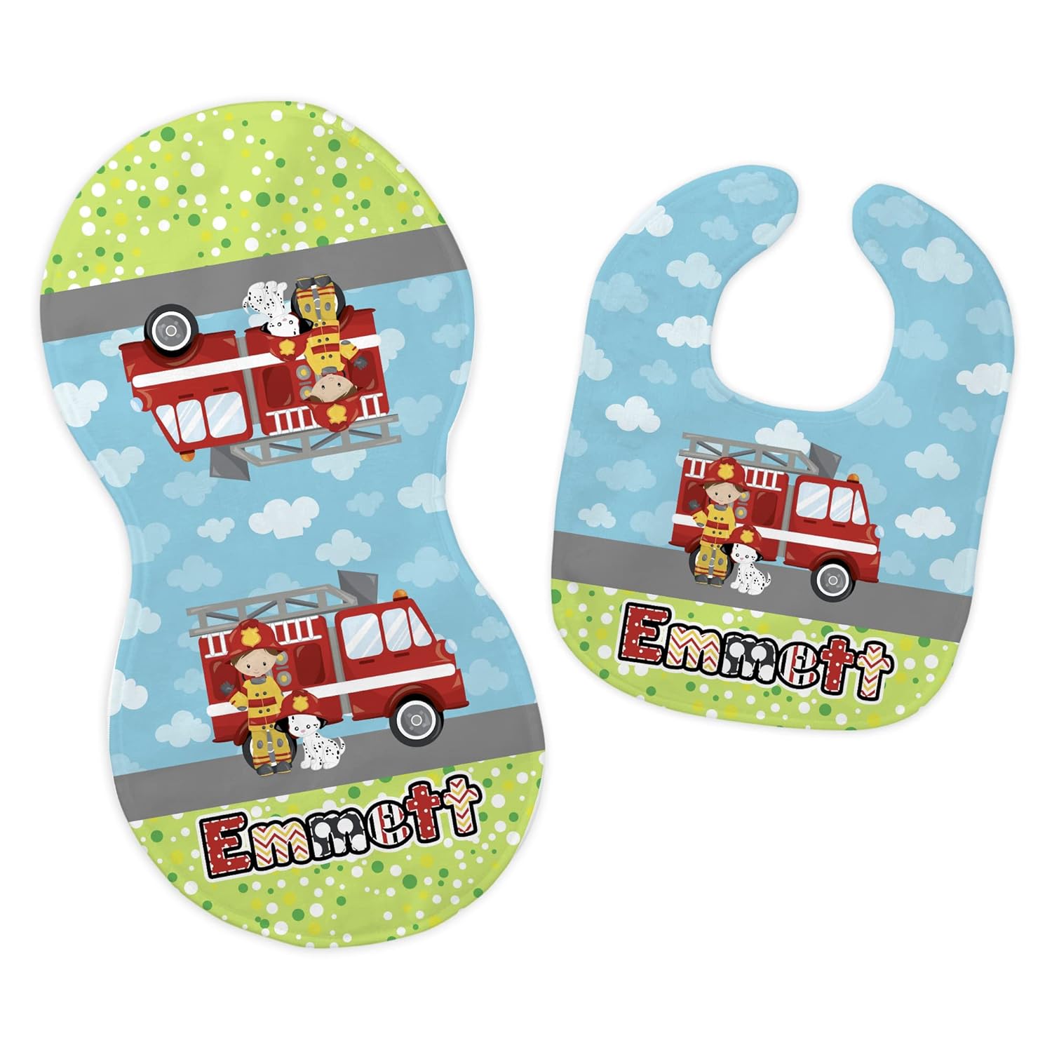 Personalized Baby Name Fireman Dalmatian Feeding Cloth Set