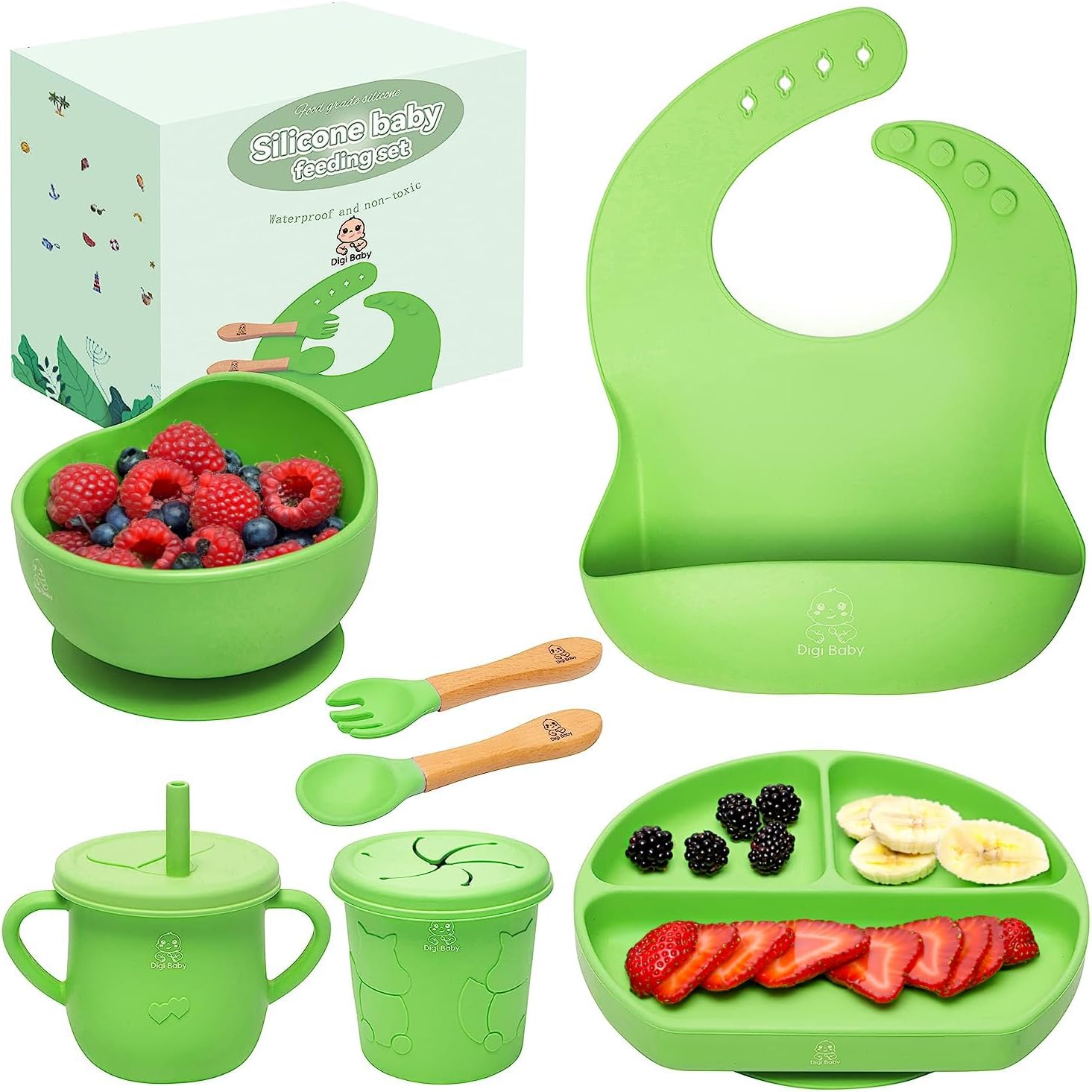 Digi Baby Led Weaning 7 Piece Silicone Feeding Set - Green