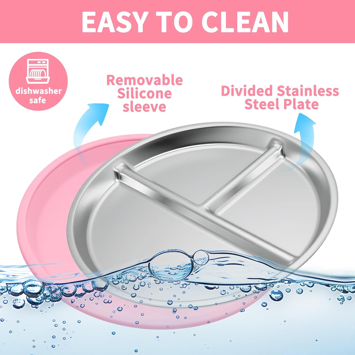 Munlinder 2 Pack Stainless Steel Baby Plates with Suction and Cutlery Set
