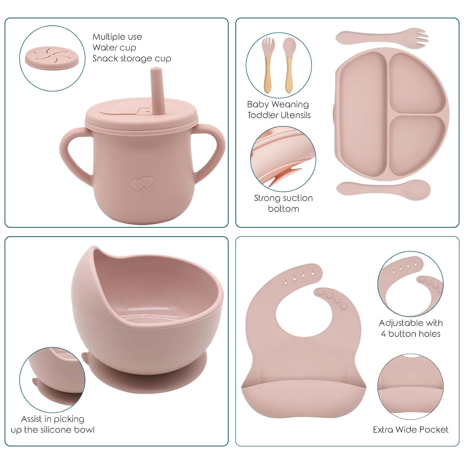 Dormlony 9pc BPA Free Silicone Baby Feeding Set Pink