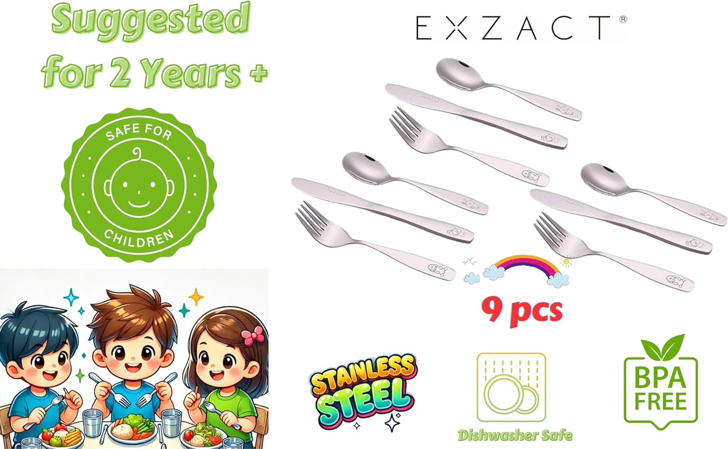 Exzact Kids 9pcs Flatware Set with Animal Engraving