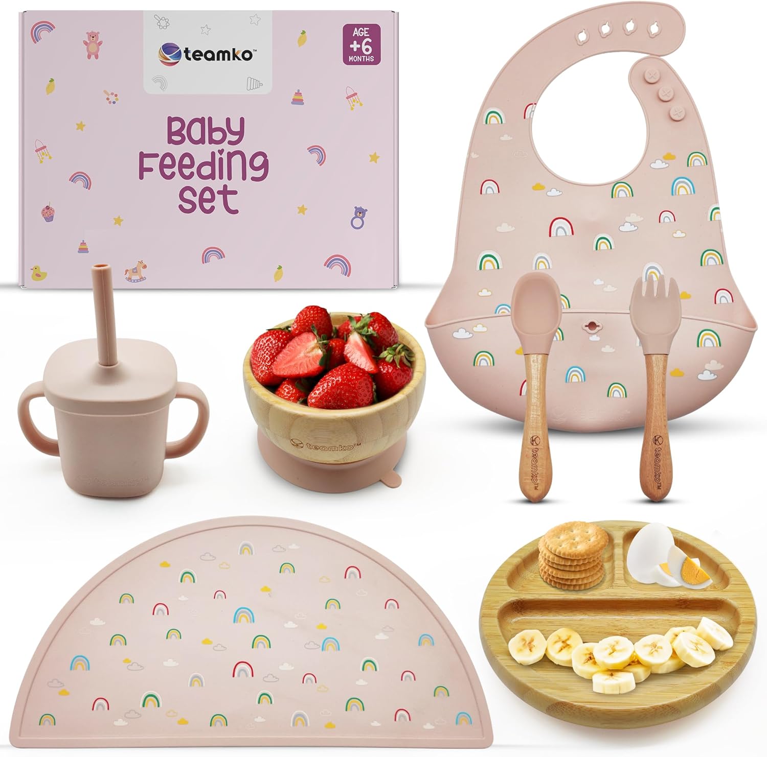 Teamko Silicone Baby Feeding Set with Bamboo Plate and Bowl 1