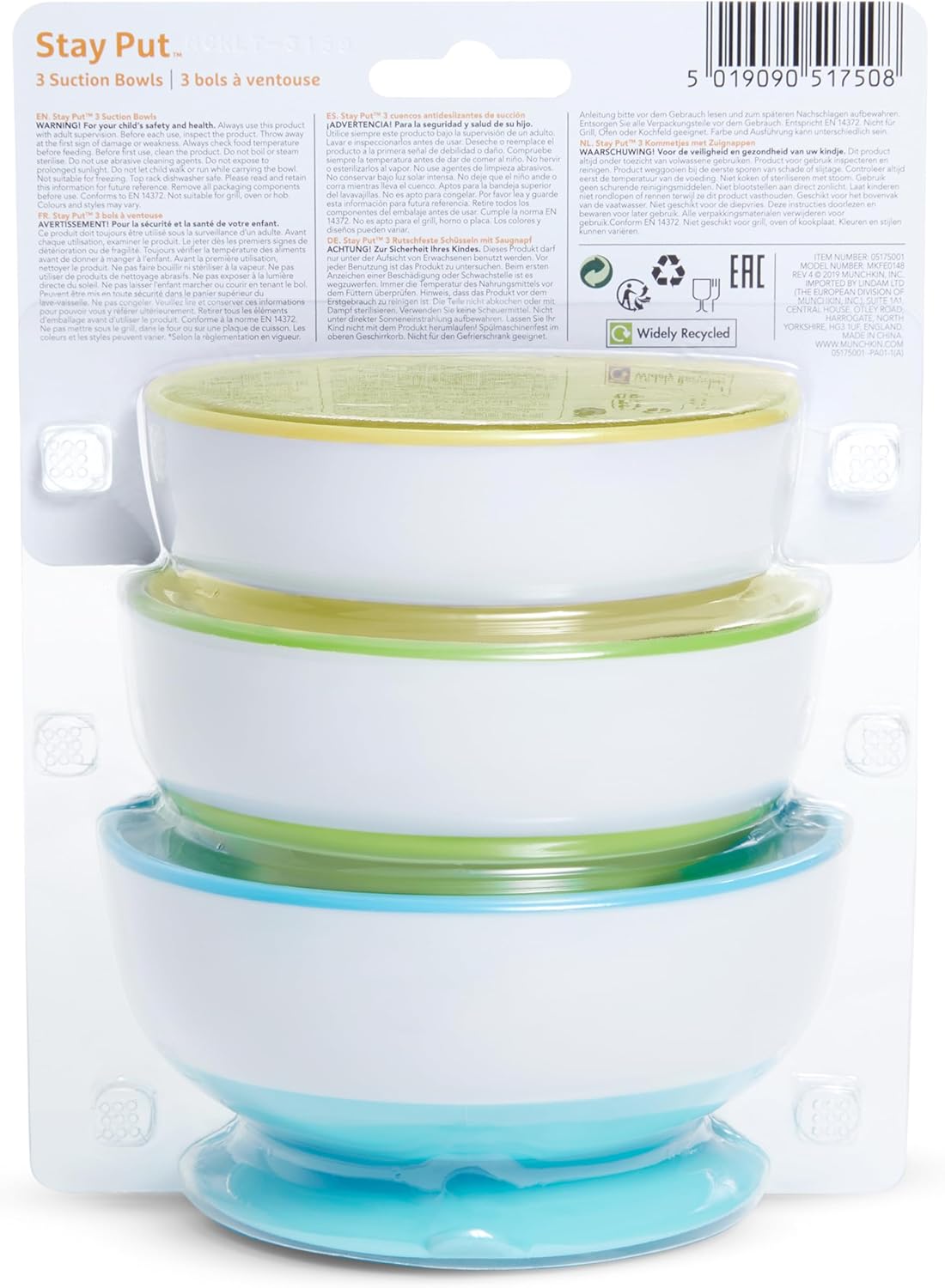 Munchkin Stay Put Suction Bowls 3 Pack Blue Green Yellow