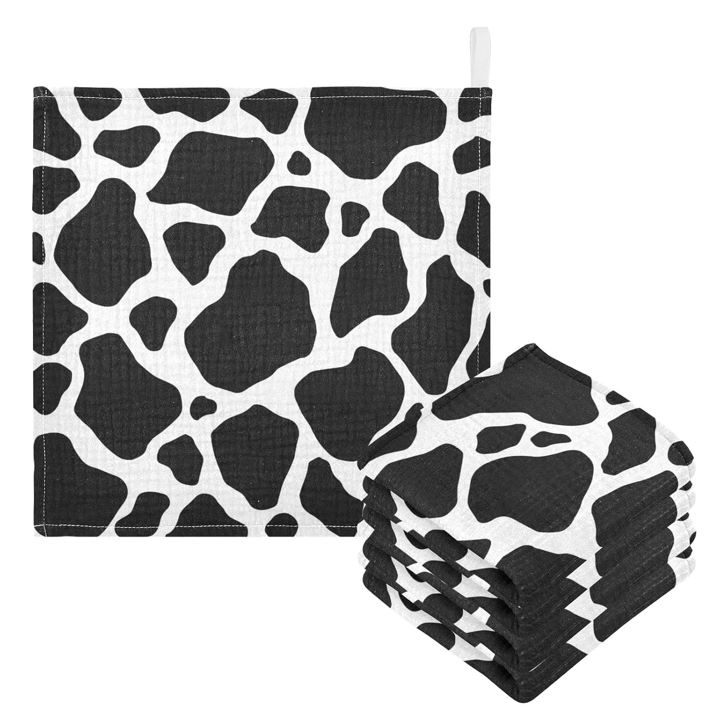 WIFIU 12x12 Inch Black White Cow Print Muslin Washcloths 5 Pack