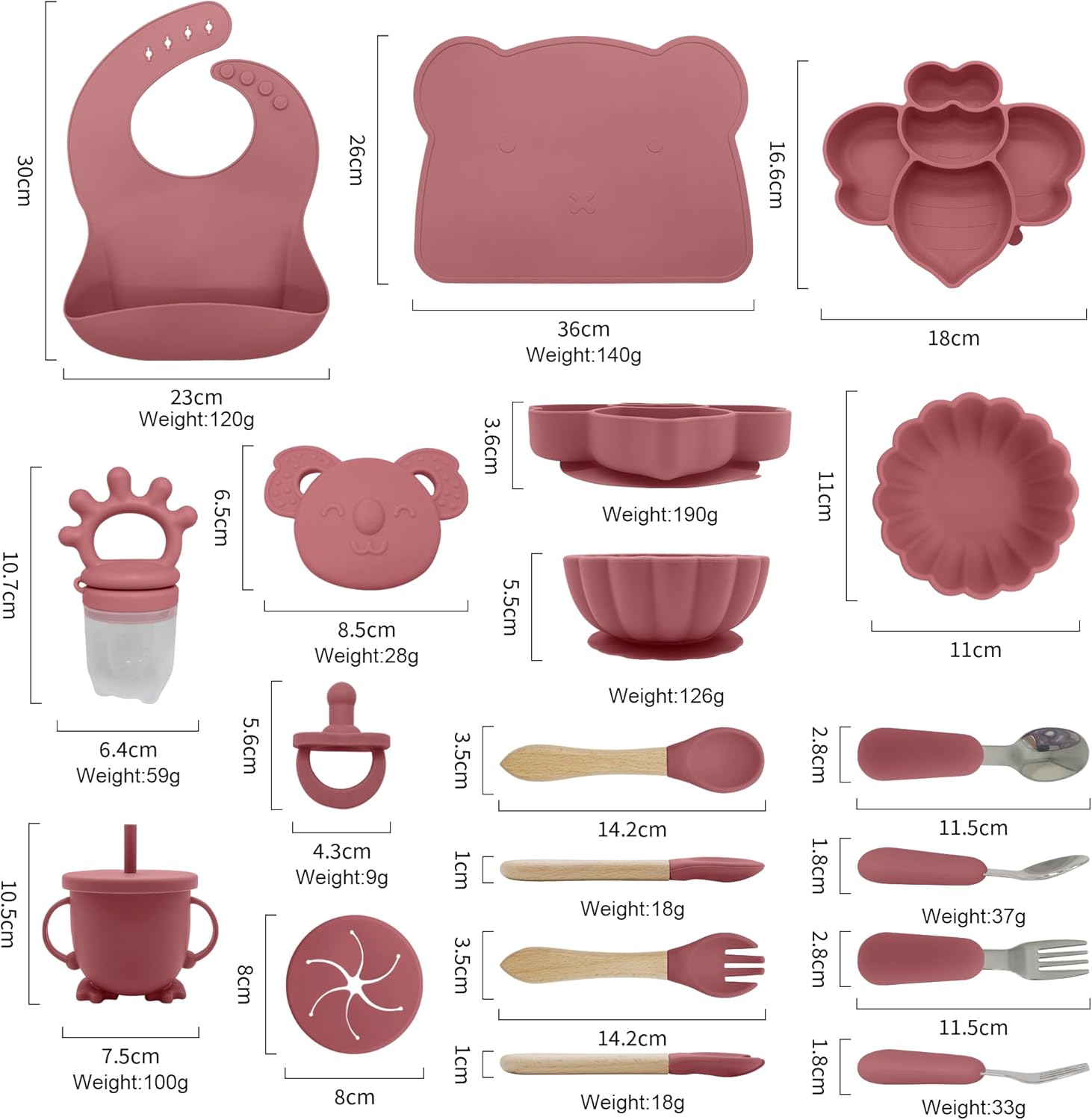 Silicone Baby Feeding Set 14pcs Dark Pink