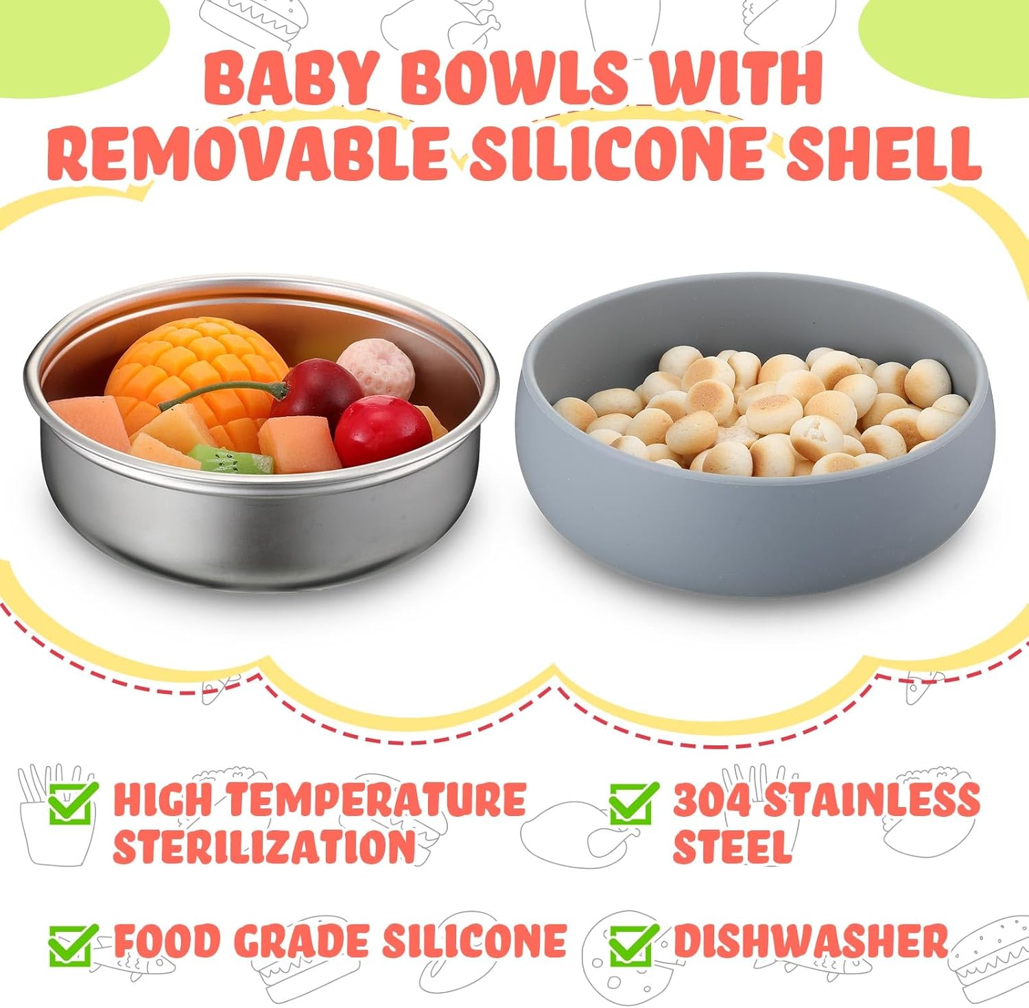 Nuogo 6 Pcs 304 Stainless Steel Baby Bowls with Silicone Shell