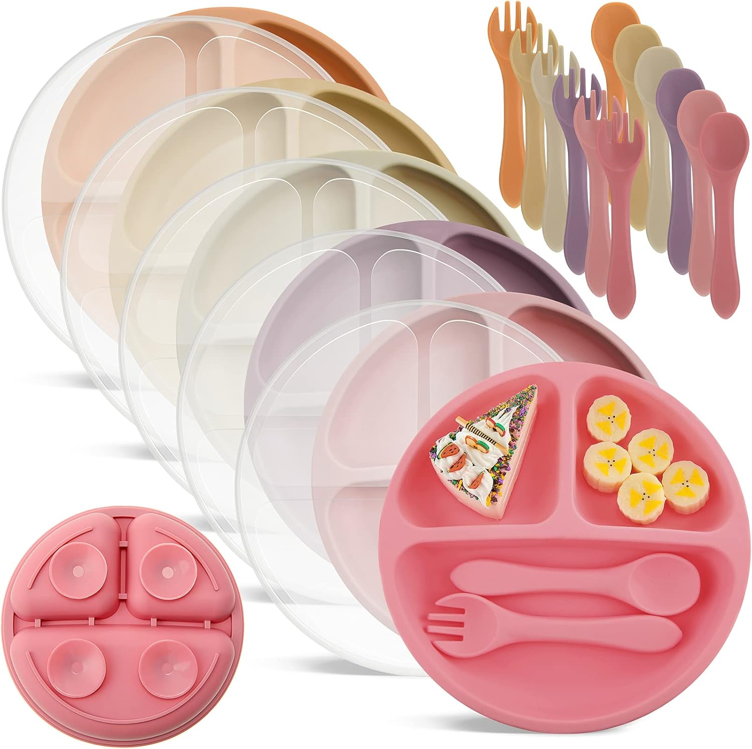 Meanplan 6 Pack Silicone Baby Plates with Lids and Forks