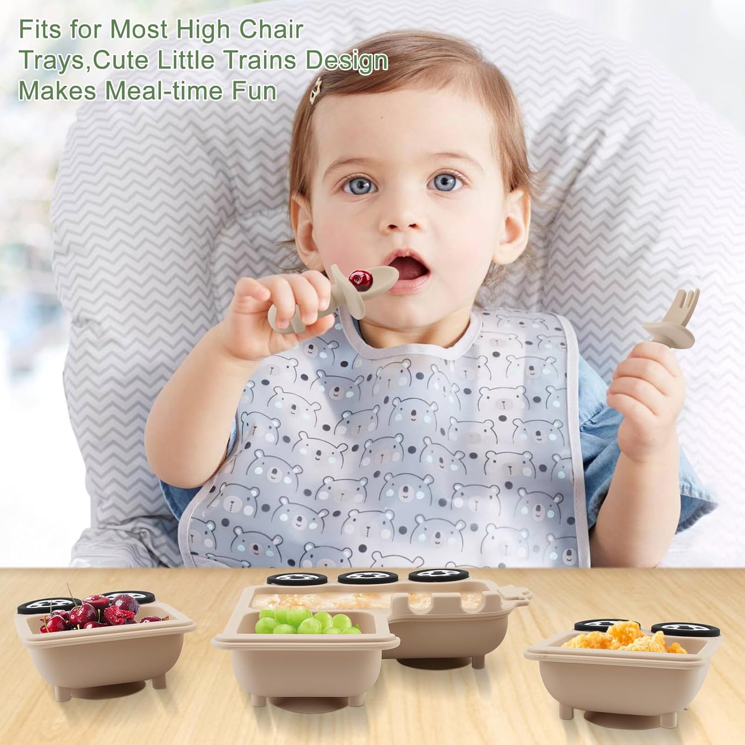 Nohlerlife 5 Piece Baby Feeding Set - Suction Plates with Trains Design