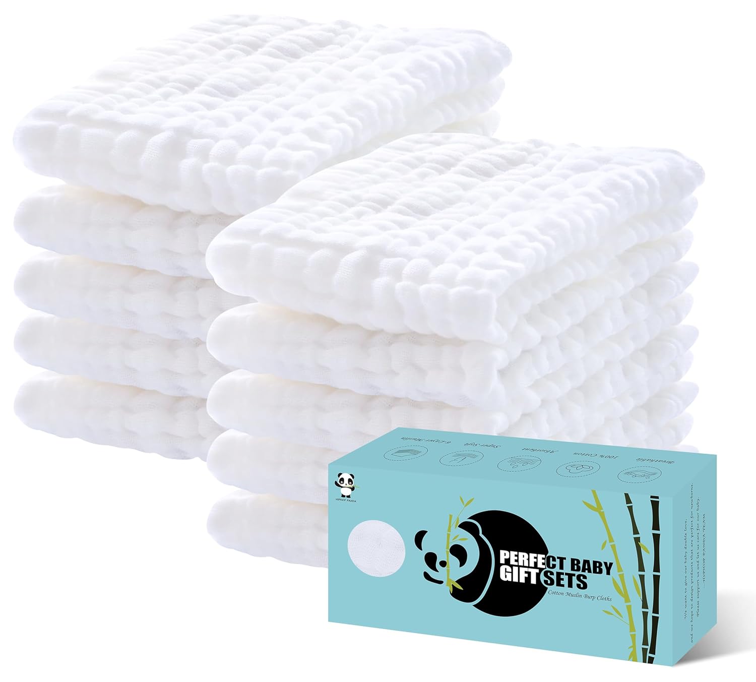 HIPHOP PANDA 10 Pack 6-Layer Muslin Burp Cloths