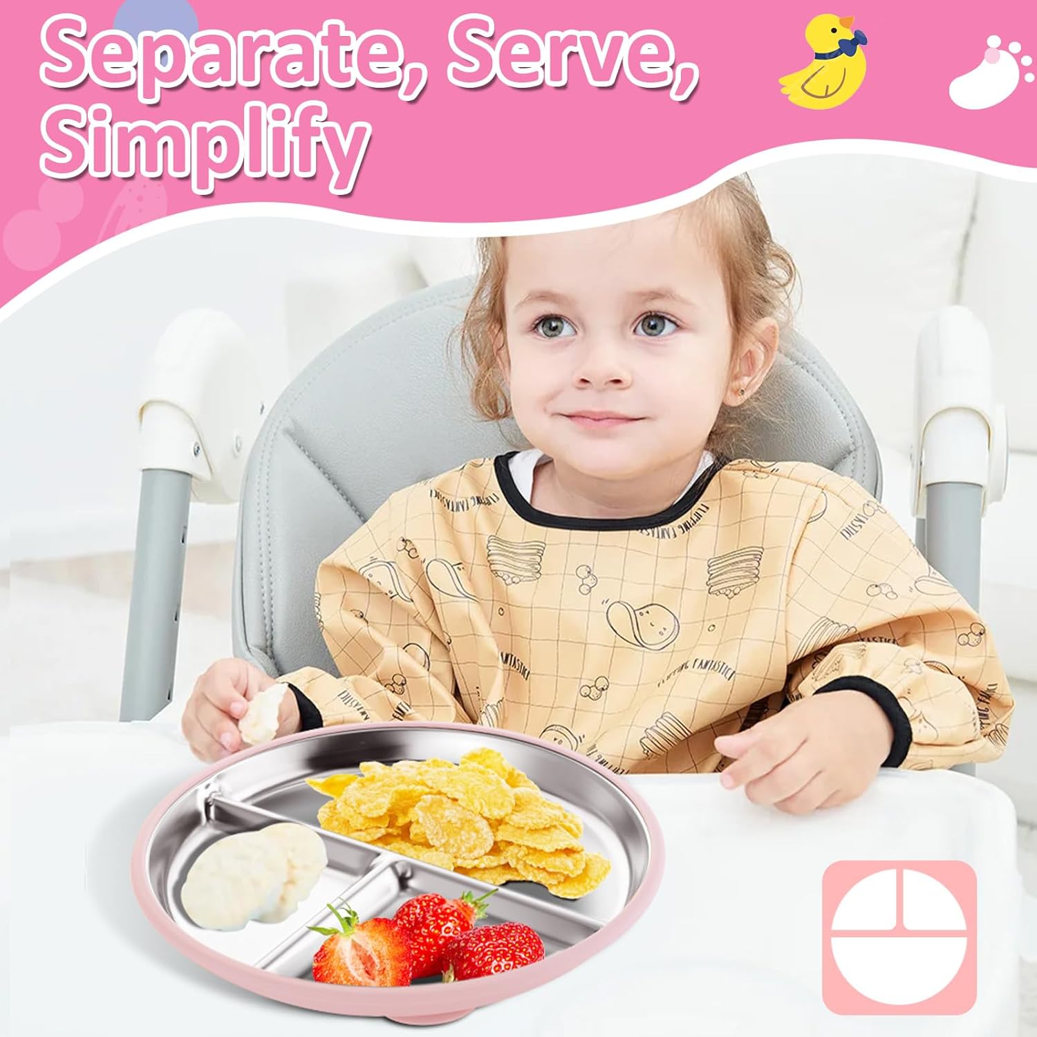 Bakpoco Stainless Steel Baby Plate with Suction 9 Divided Plates for Kids