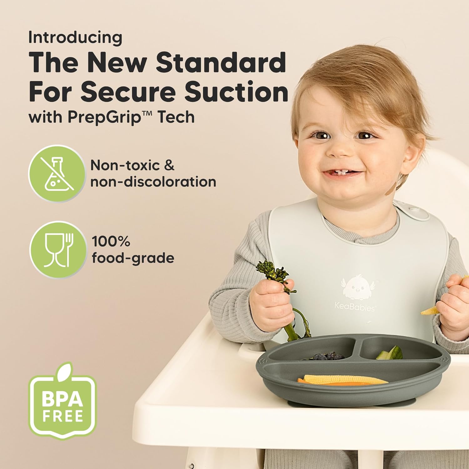 KeaBabies Suction Plates - 3-Pack BPA-Free Toddler Plates with Strong Grip