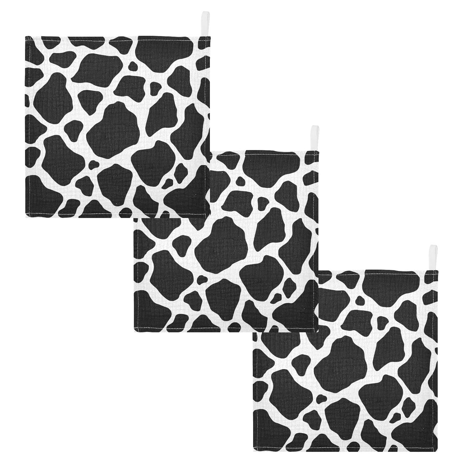 WIFIU 12x12 Inch Black White Cow Print Muslin Washcloths 5 Pack