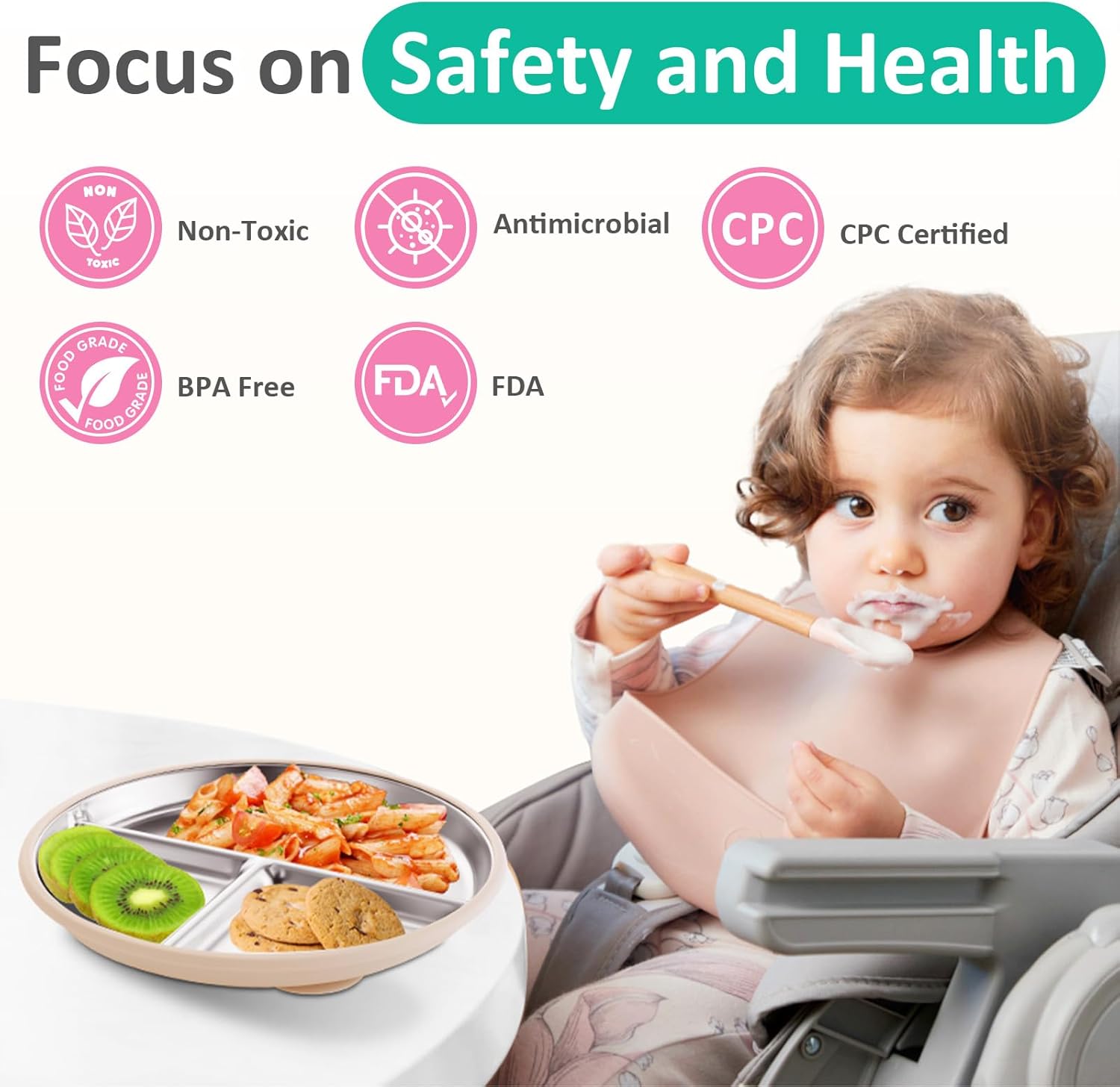 Bakpoco Stainless Steel Baby Plate with Suction 9 Divided Plates for Kids