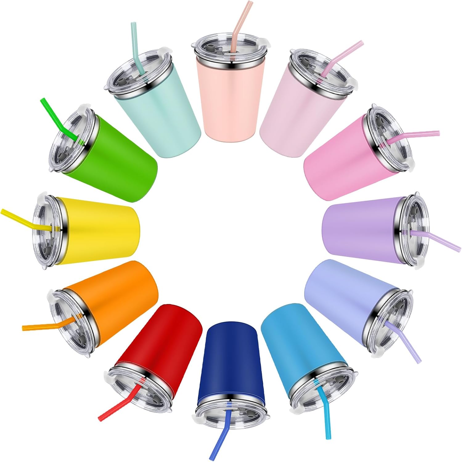 12 Pack Spill-Proof Stainless Steel Kids Cups with Straws and Lids