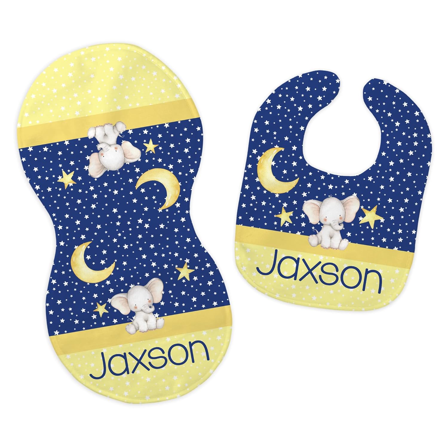 Personalized Baby Name Blue Yellow Moon Star Elephant Feeding Cloth Set