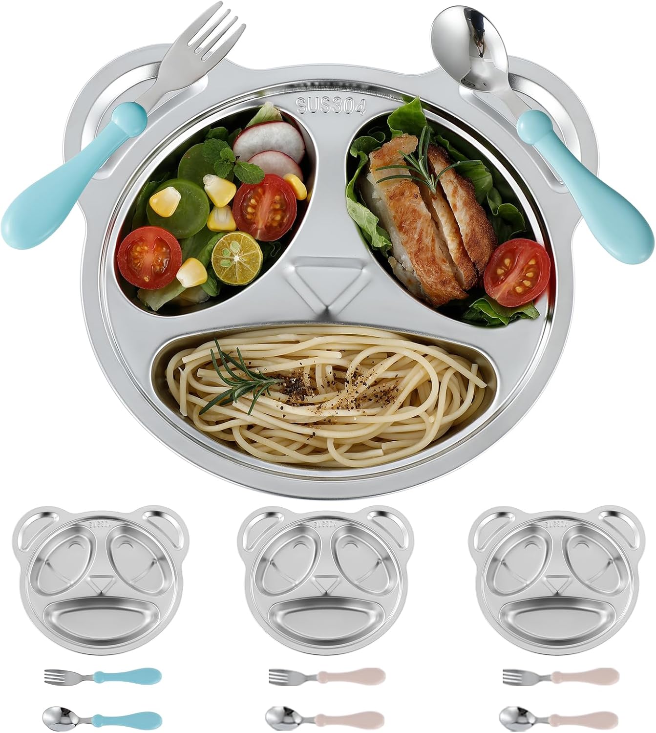 YLARMY Set of 4 Stainless Steel Divided Plates and Utensils for Kids