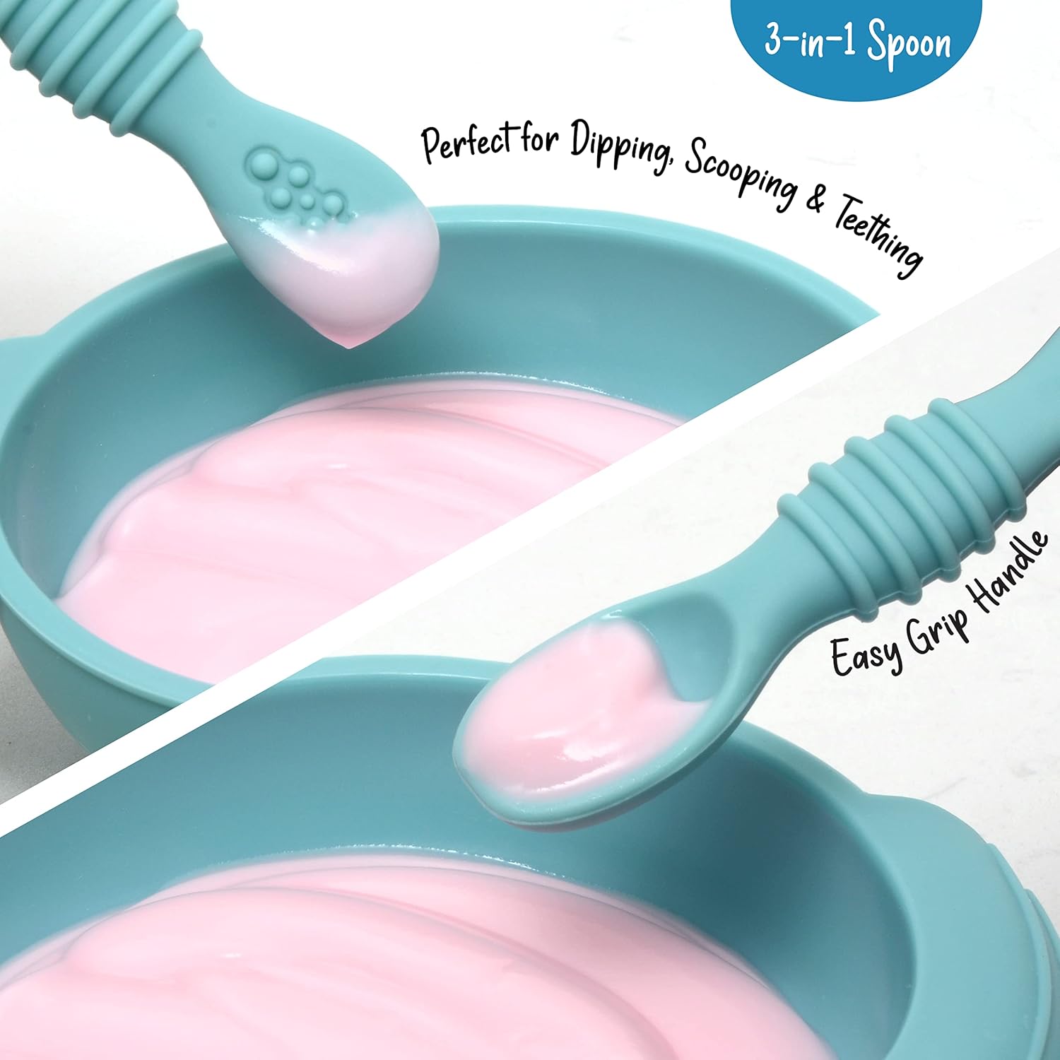 PrimaStella Unbreakable Silicone Bowl and Chew Spoon Set for Babies Toddlers Blue