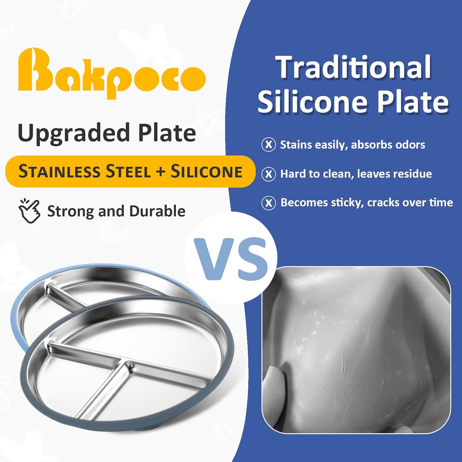 Bakpoco Stainless Steel Suction Plates 9 Divided Blue Gray Navy Sage 4 Pack