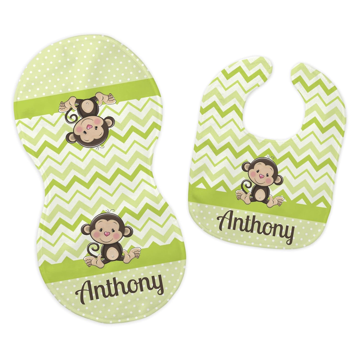 Baby Boys Personalized Name Green Jungle Monkey Feeding Cloth