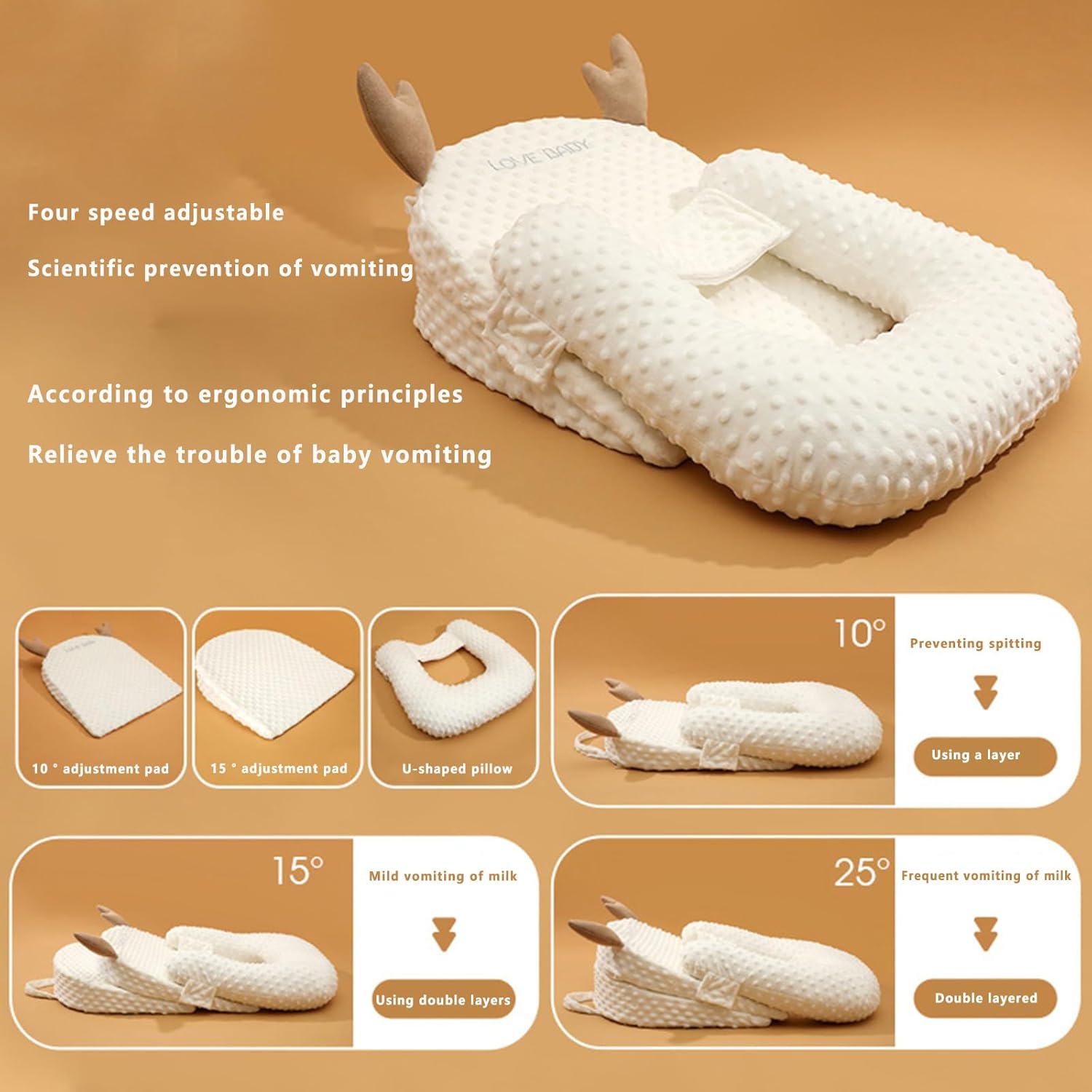 Anti Reflux Bassinet Lounger for Nursing Baby Pillow with Adjustable Slopes White