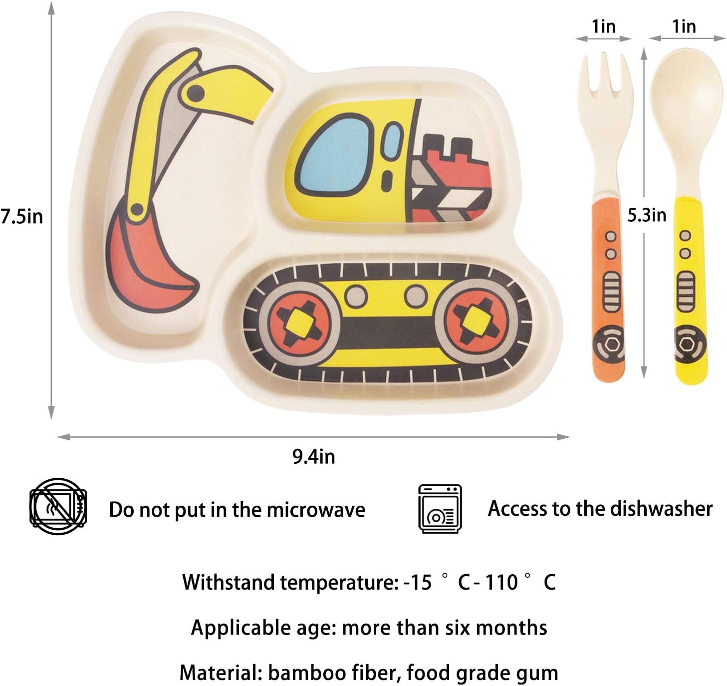 Kids Plates Set with Fork and Spoon 9-Piece Construction Themed Dinnerware