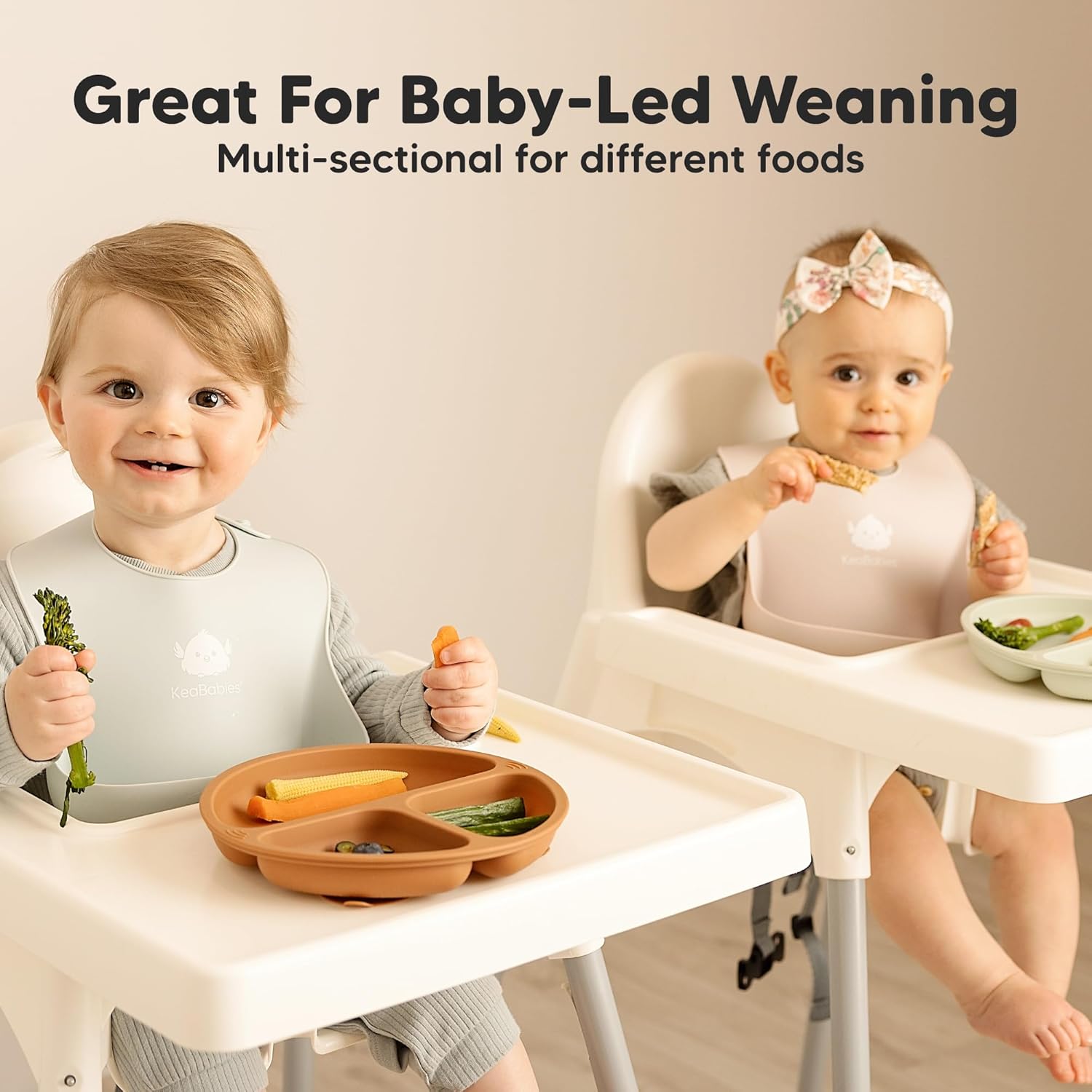 KeaBabies Suction Plates - 3-Pack BPA-Free Silicone Toddler Plates with PrepGrip Technology