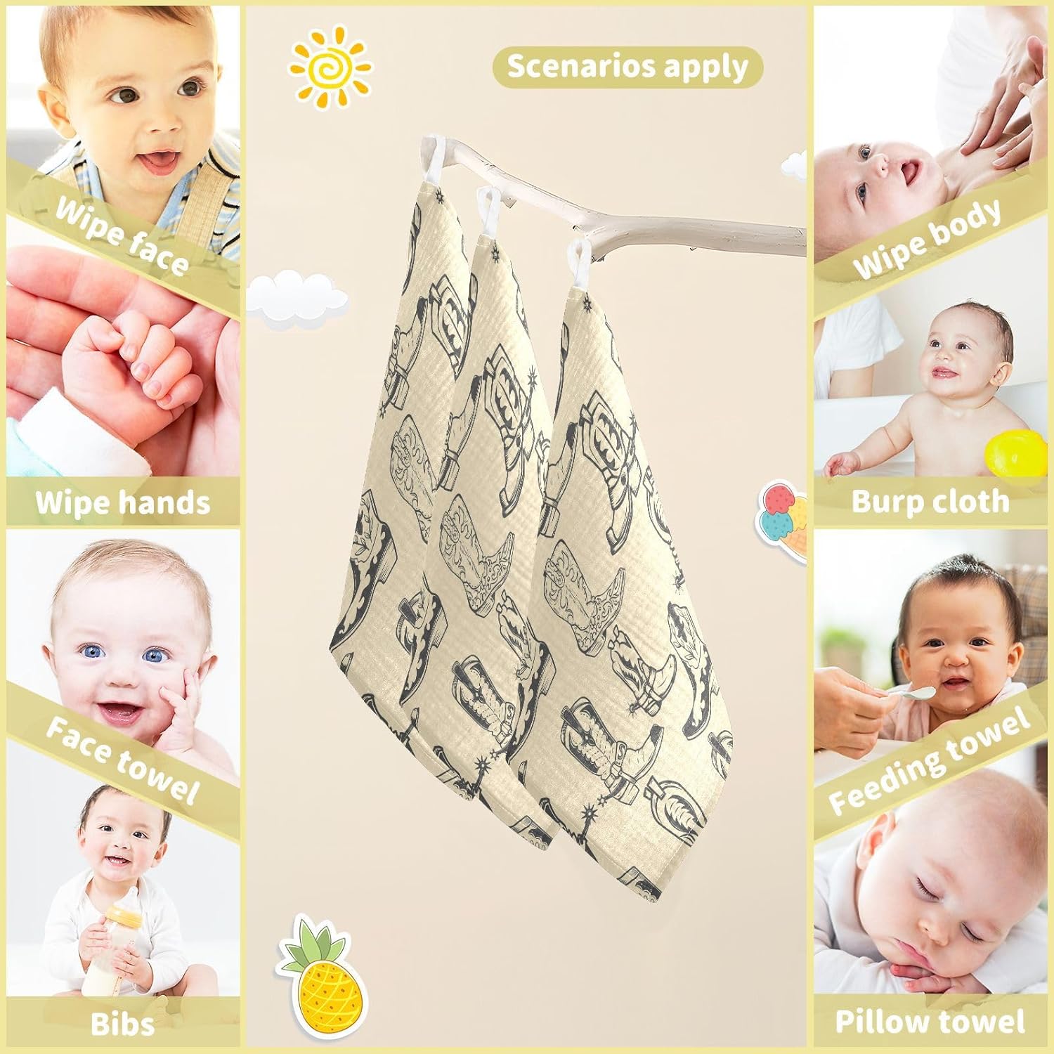 CUPADA Cowboy Boots Baby Muslin Washcloths 3 Pack