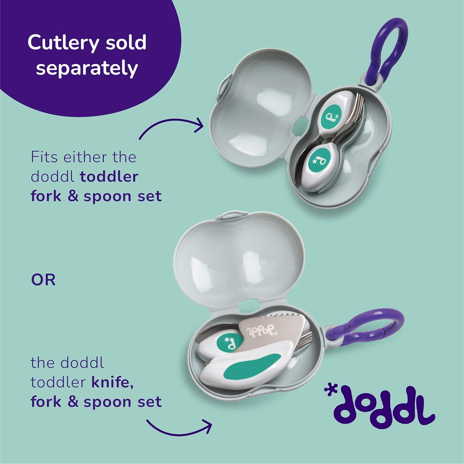 Doddl Toddler Travel Utensil Case - Dishwasher Safe Clips to Bags Strollers
