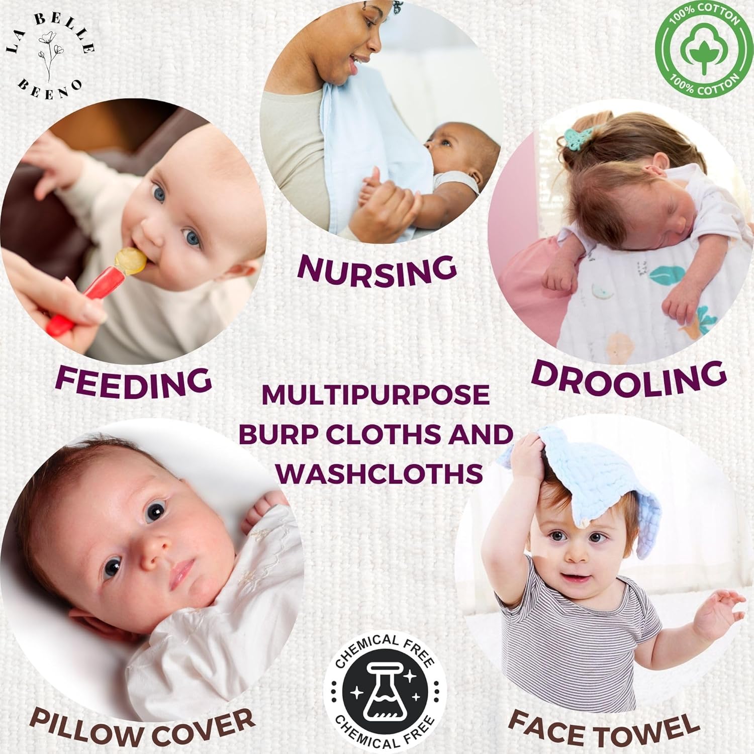 La Belle Beeno 11-Pack Baby Muslin Burp Cloths Washcloths