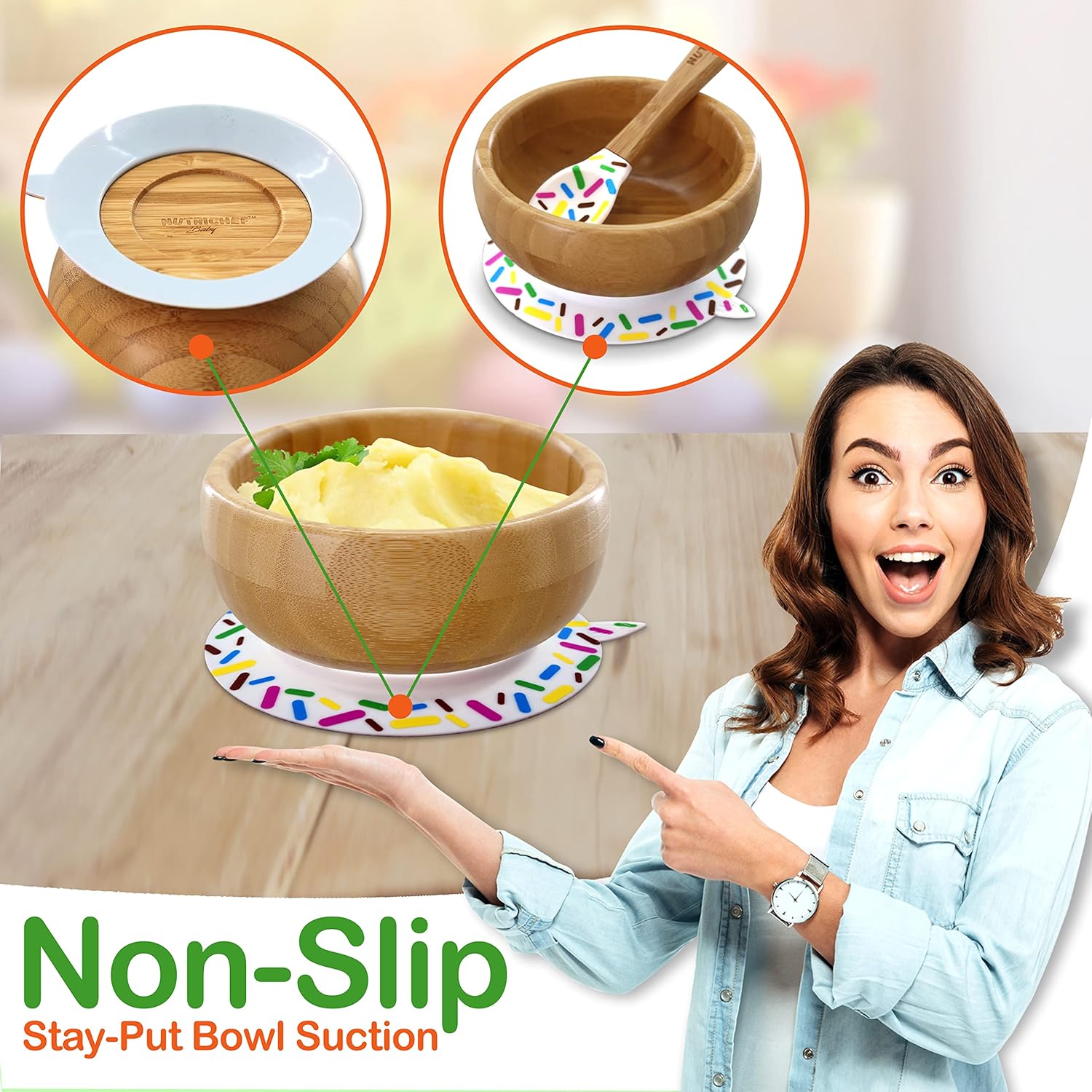 NutriChef Bamboo Feeding Bowl with Spoon and Suction Base