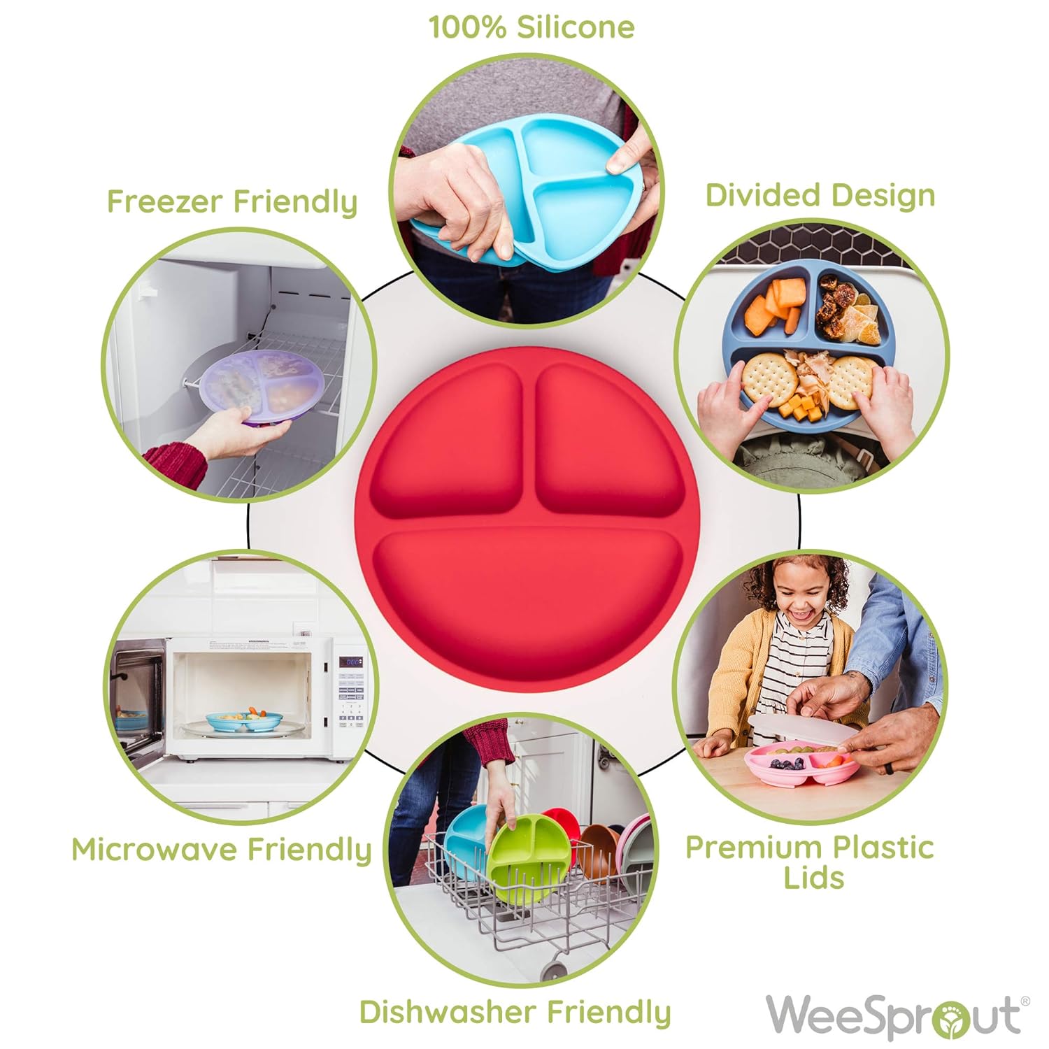 WeeSprout 3-Pack Silicone Plates with Lids for Babies Toddlers