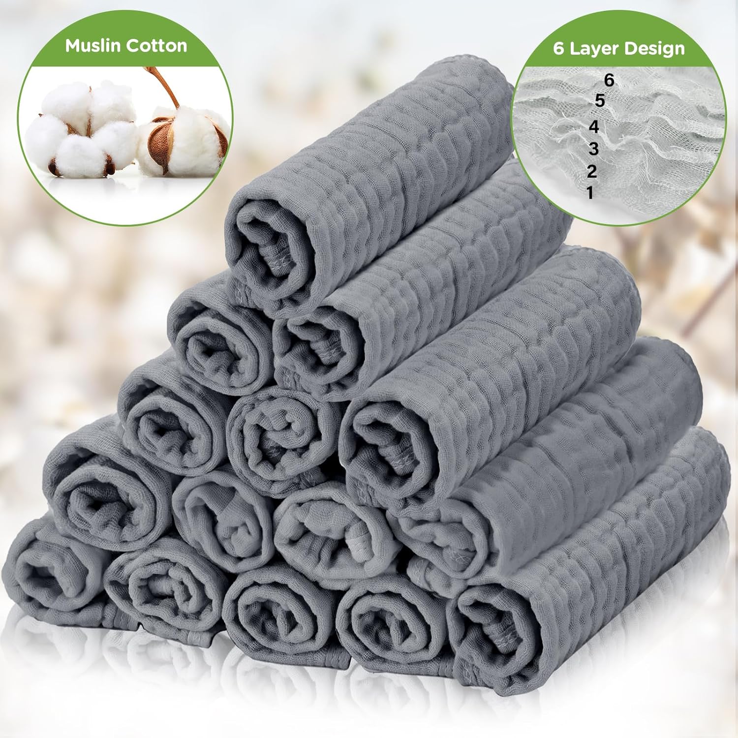 Breling 20 Pcs Muslin Washcloth Set Gray