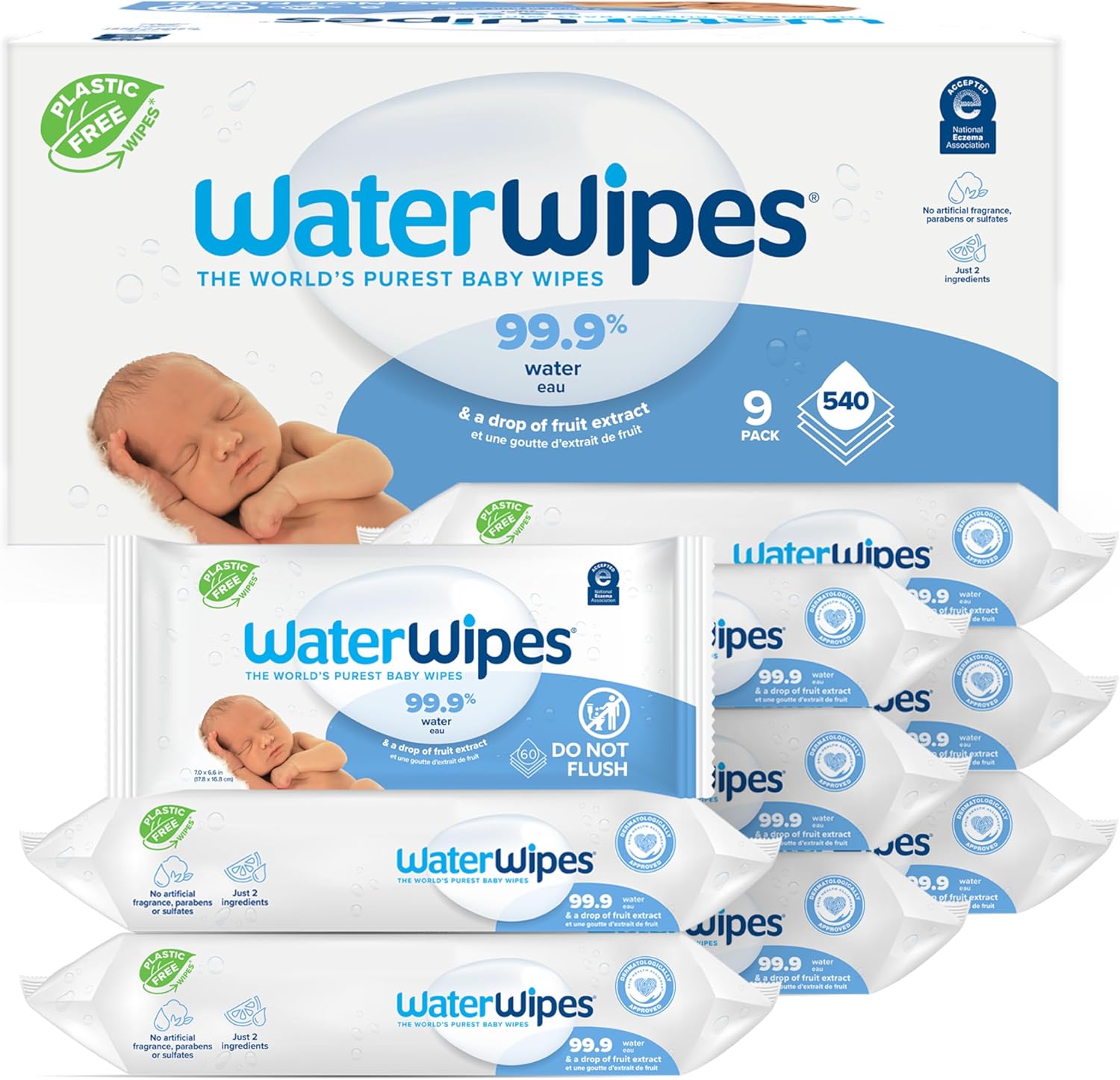 WaterWipes Plastic-Free Original Baby Wipes 60 Count Pack of 9