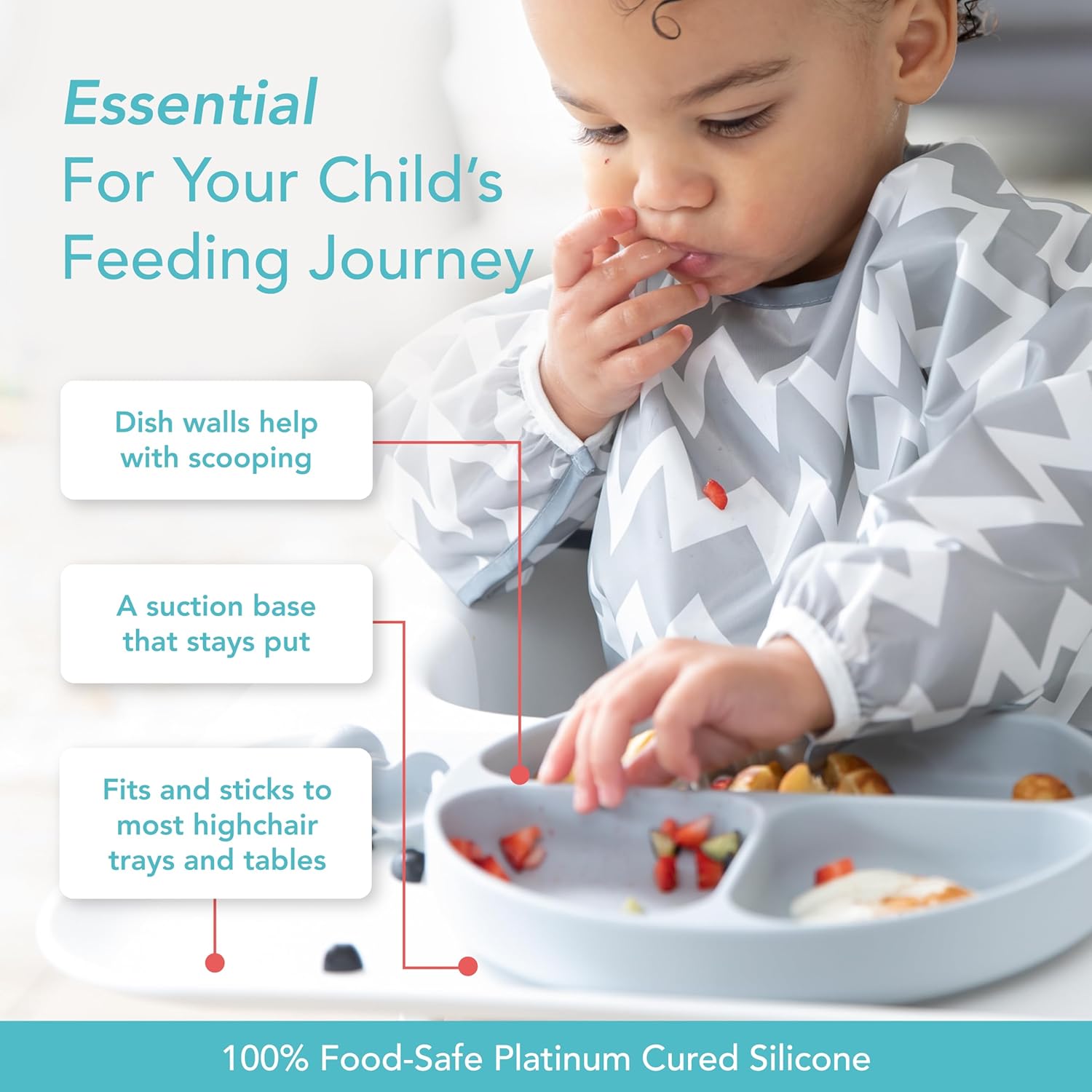 Bumkins Toddler Suction Plate with Divided Grip Gray 1