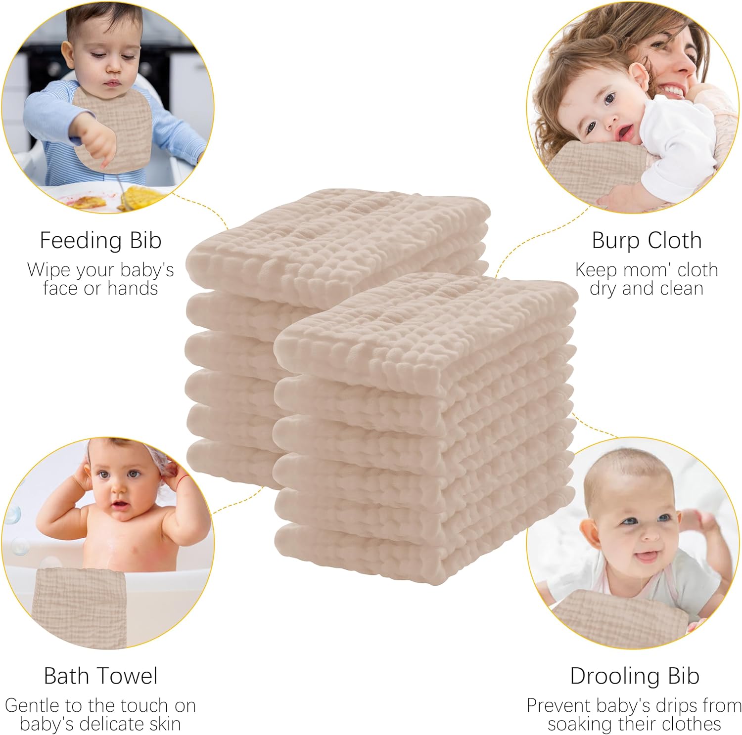 12 Pack Muslin Burp Cloths - 20x10 Extra Soft Brown